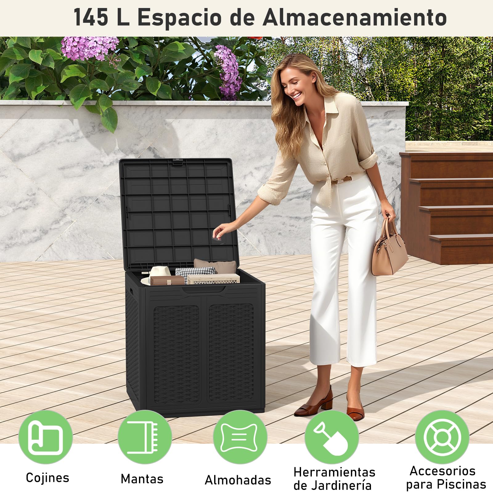 COSTWAY Arcón Exterior 145 L, Baúl almacenaje PP con Patrones de Ratán y Tapa con Cerradura, Contenedor de Plástico para Herramientas de Jardín, Cojines de Patio, 56 x 56 x 60,5 cm (Marrón)