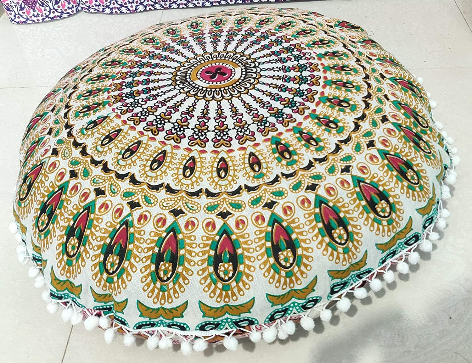 32" Mandala Large Floor Pillow Cover Meditation Cushion Hippie Round Colourful Decorative Bohemian Accent Boho Chic dog bed Indian Pouf Ottoman Handmade COVER ONLY (Elephant) (Peacock-Yellow)