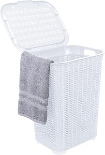Wicker Laundry Hamper With Lid 50 Liter - White Laundry Basket 1.40 Bushel Durable Bin With Cutout Handles - Easy Storage Dirty Cloths in Washroom Bathroom, Or Bedroom. By Superio