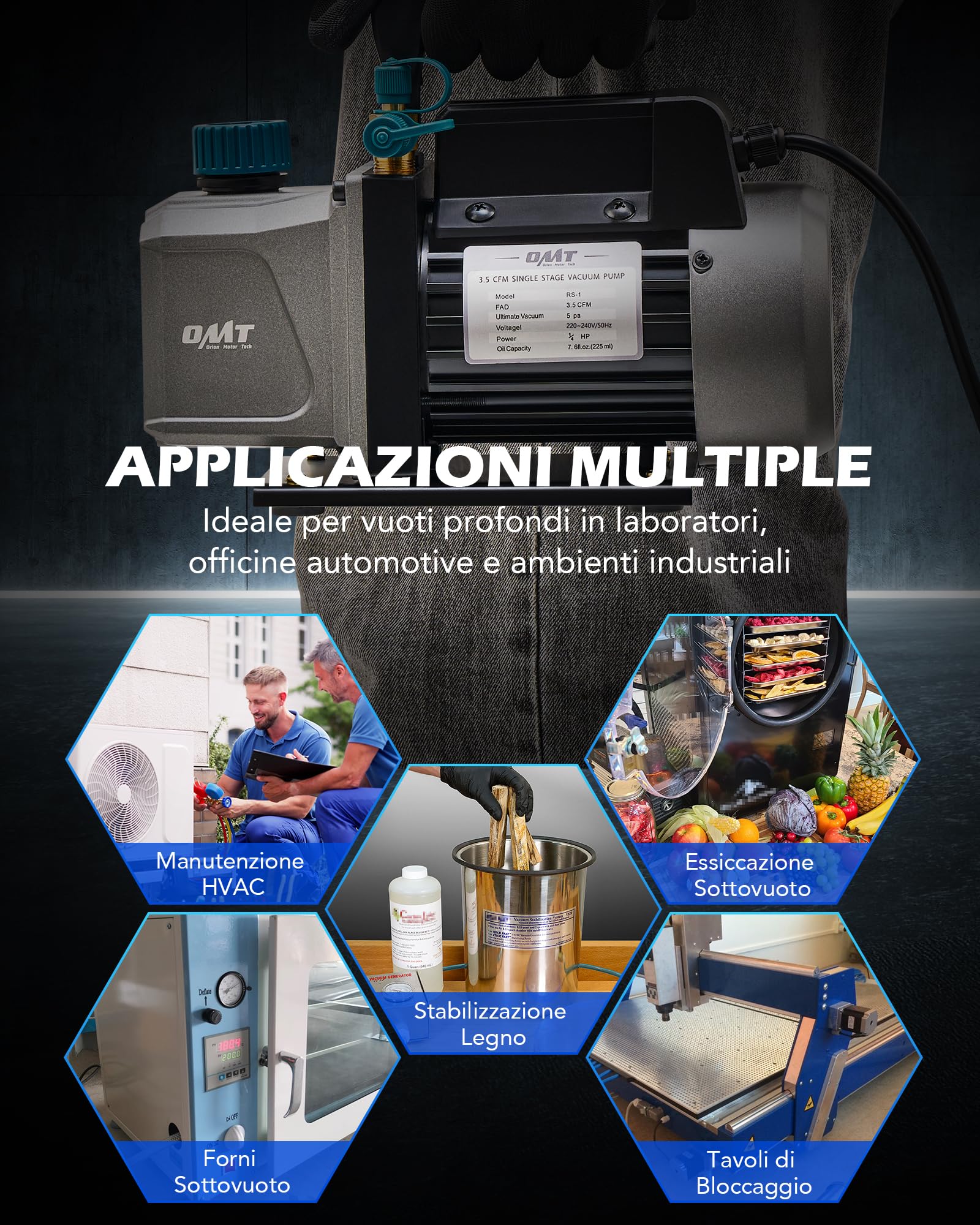 Orion Motor Tech Pompa Vuoto da 3,5 CFM e 1/4 hp, 186W Pompa per Vuoto Monostadio HVAC per R12 R22 R134a R410a R1234yf Pompa a Vuoto per Condizionatori per Auto Degasaggio Resine e Altro, Olio Incluso