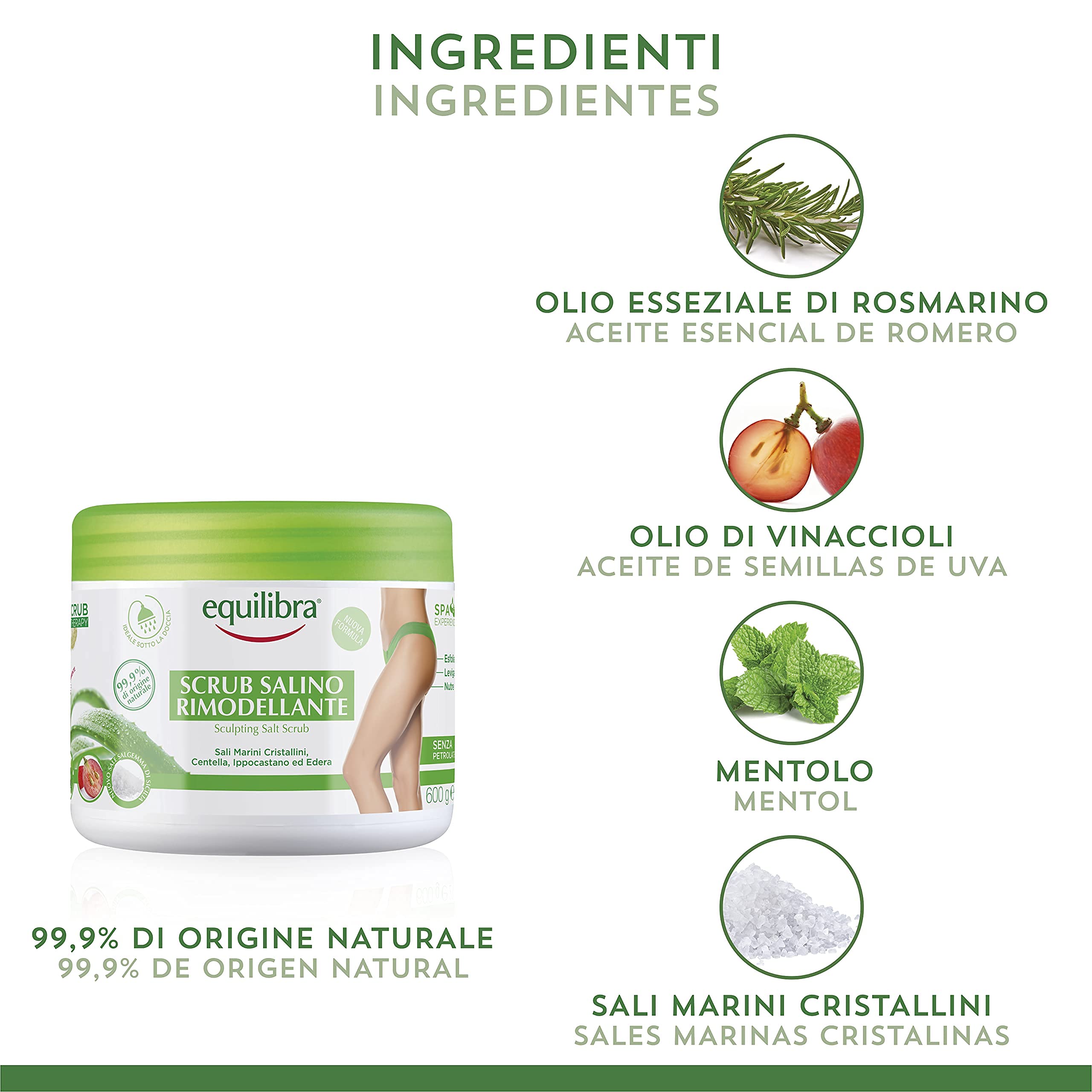 Equilibra Cuidado Corporal, Exfoliante Corporal a Base de Aloe Vera, Suaviza y Nutre la Piel, Mezcla de Sales Marinas con Efecto Antiretención de Agua, Aceites Naturales y Extractos Vegetales, 600 g
