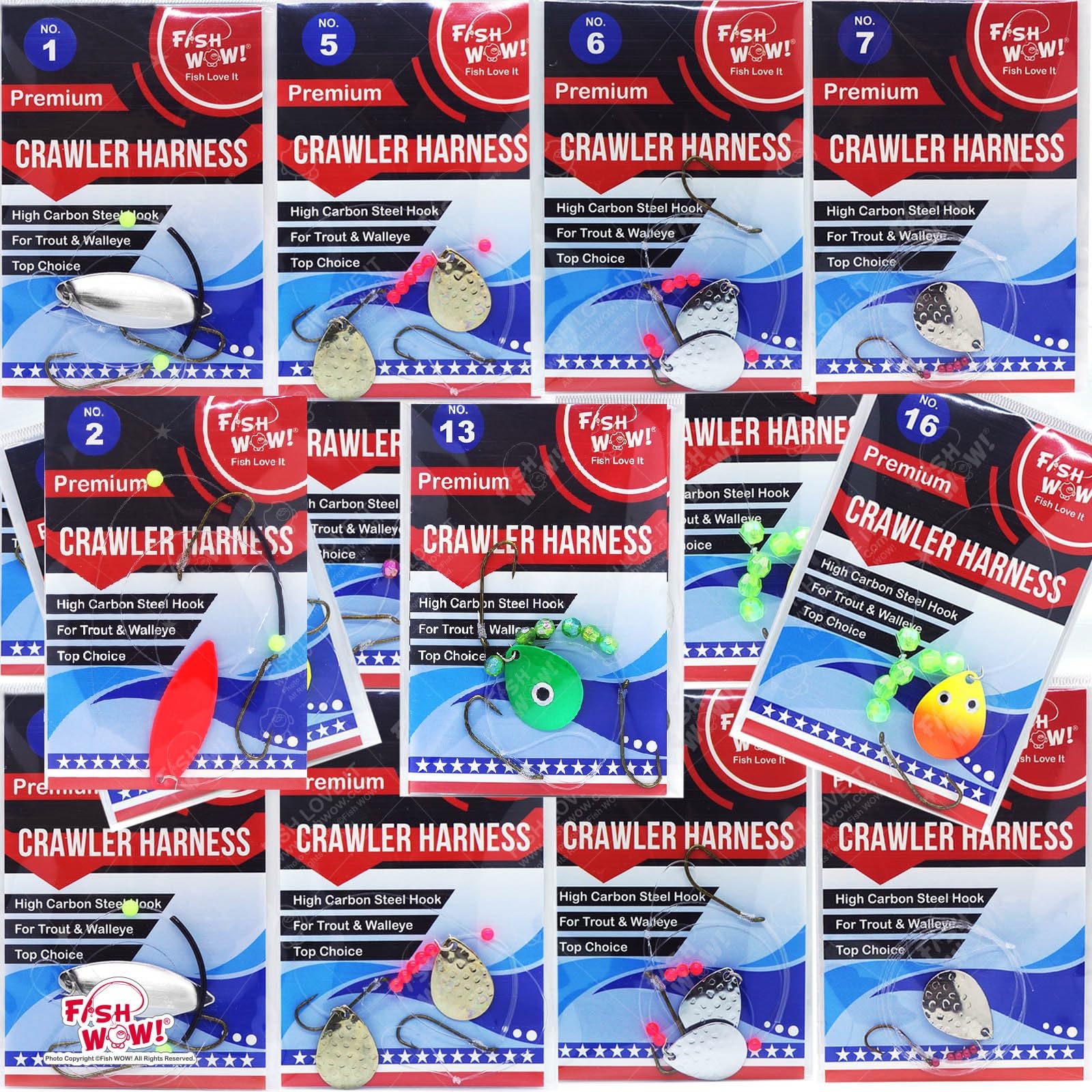 Fish WOW!® 14 Packs 7 Styles Crawler Harness Walleye Spinner Rig 1-Hook,2-Hook,3-Hook