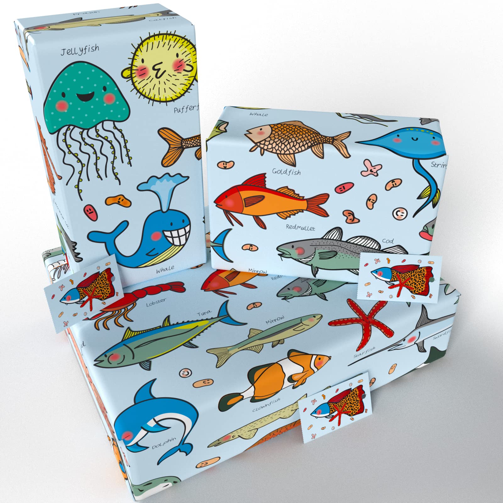 Luxury ECO Gift Wrap - 3 sheets/tags - Childrens Cavallini Fish Blue - Birthday - Recycled & Recyclable Wrapping Paper - Re-wrapped