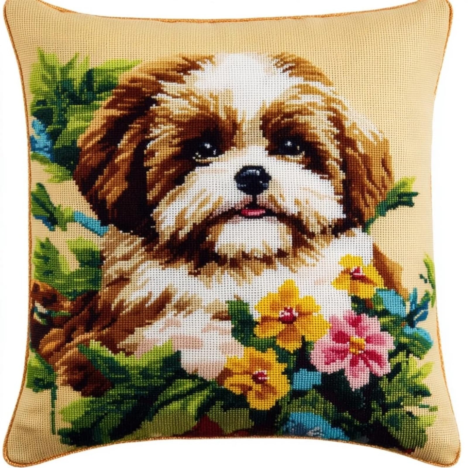 WallustrioaW Stamped Cross Stitch Pillow Kits,Shih Tzus and Flowers 11CT Cross Stitch Cushion Cover Embroidery Kit Needlepoint Handmade Cushion for Home Decor 18x18inch