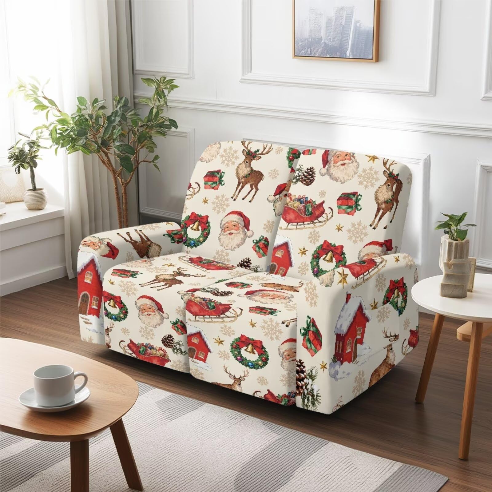 Świąteczny pokrowiec na leżankę Loveseat, beżowy, Święty Mikołaj, miękkie pokrowce na kanapę z boczną kieszenią, do sypialni, sanek, odporny na plamy, ochraniacz na meble, pokrowiec do hotelu