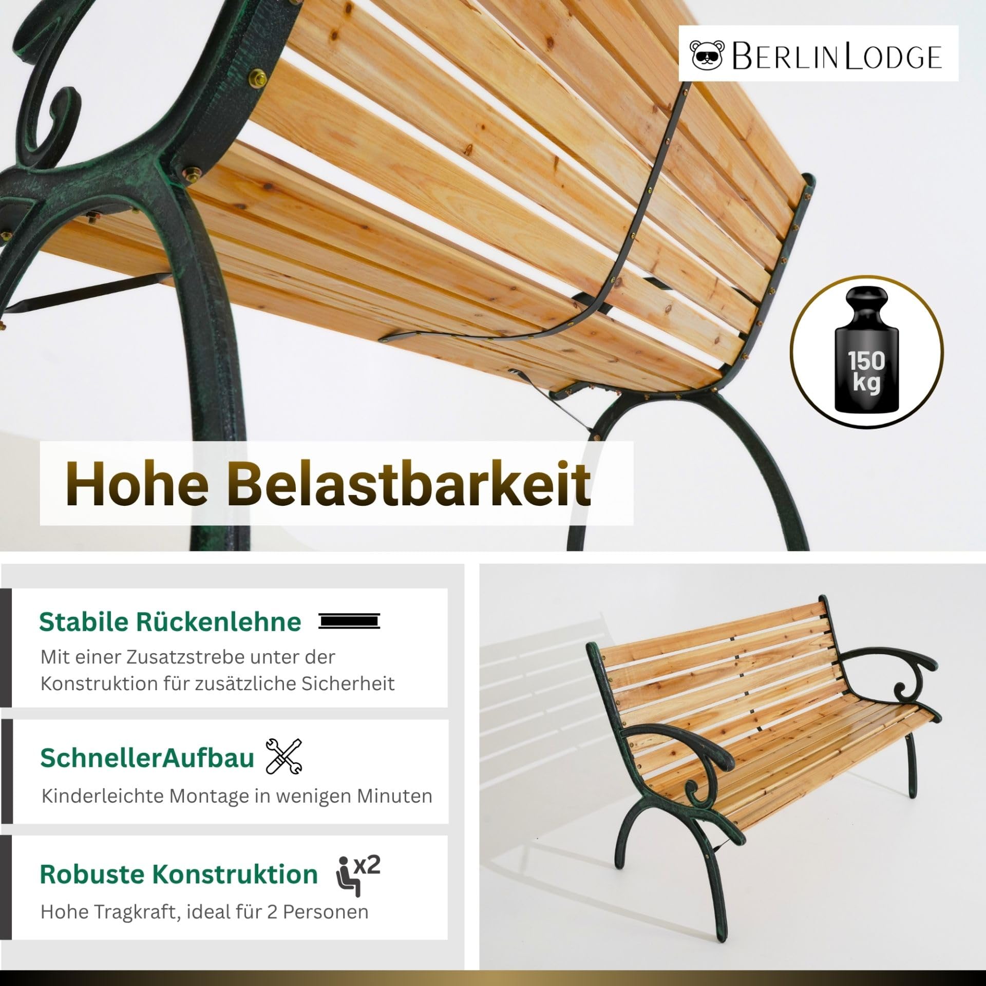 BERLINLODGE Gartenbank MADEIRA Holz & Gusseisen 2-Sitzer wetterfest, rustikal & massiv, 77 x 123 x 54 cm Metall, Balkonbank Holzbank Wintergarten Gartenmöbel Sitzbank Parkbank Garten Balkon & Terrasse
