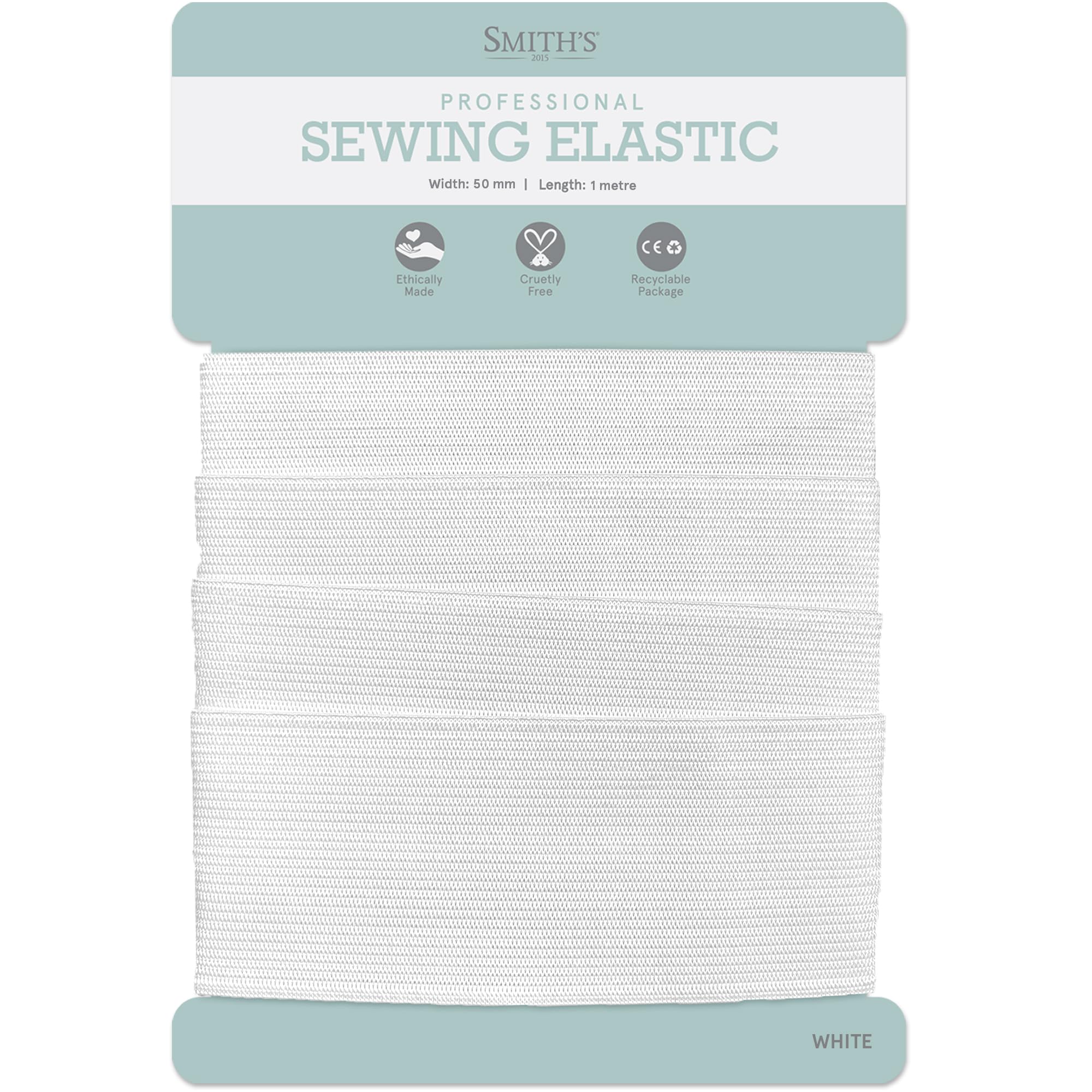 Smith's 2015 White Elastic Band By Smith’s® | 50Mm (2 Inches) Width | 1 Metre (1.1 Yards) Length | Flat Cord | For Sewing, Arts & Crafts, Dressmaking, Waistband, Haberdashery, Wig, Diy, Clothing