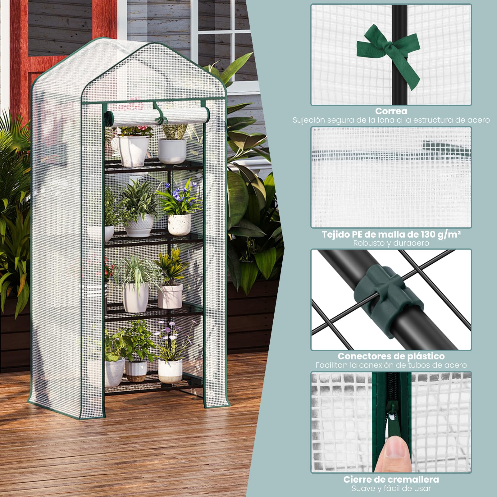 WOLTU Invernadero para Plantas, Invernadero Movil con Ruedas, Cubierta de PE 130g/m², con 4 Estantes, Puerta Enrollable con Cremallera, Blanco, 70x50x162 cm | Invernadero semitransparente para tomates con puerta enrollable, protección de invierno para pla
