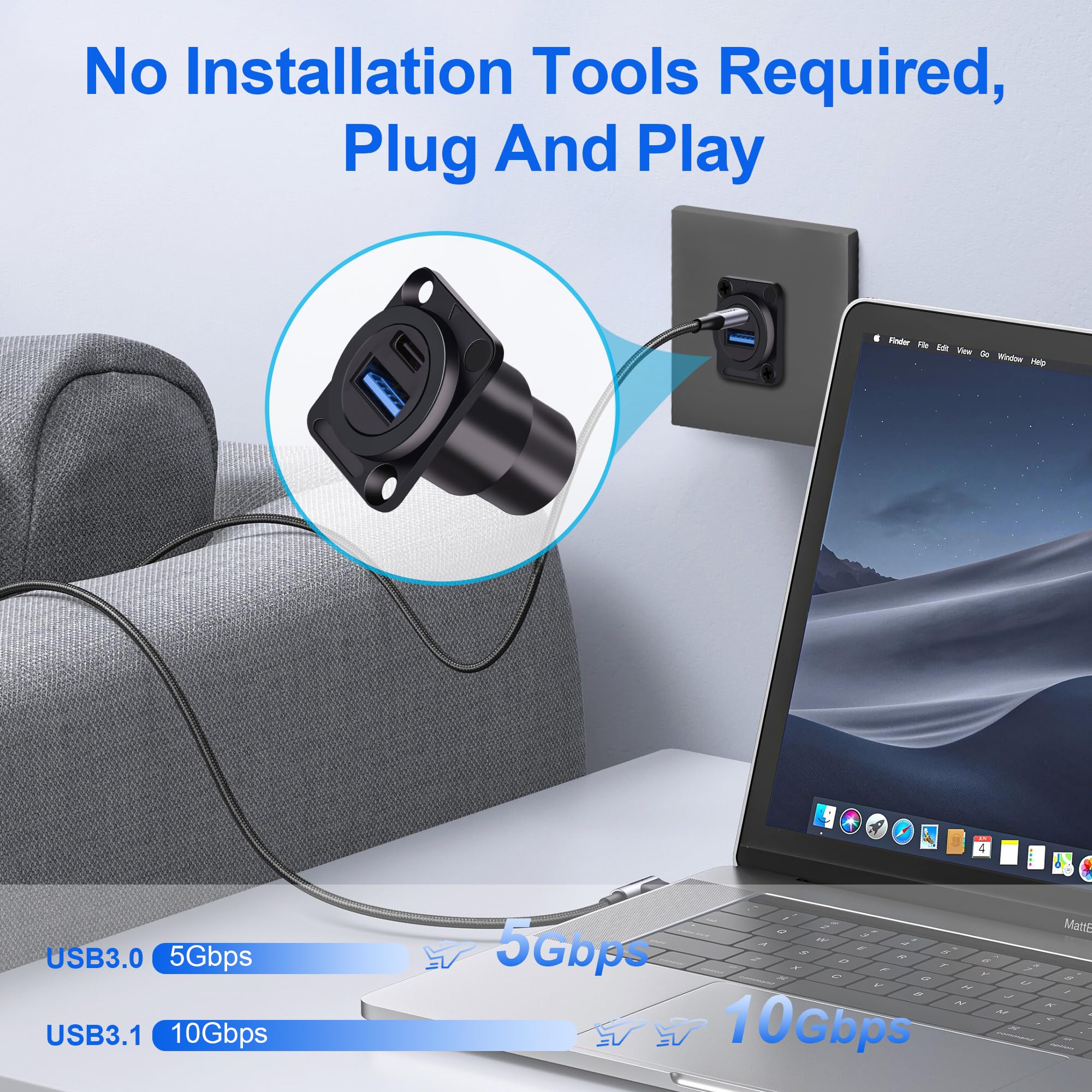 Dual USB 3.0 & Type C Panel Mount Adapter, D-Type Bulkhead Feedthrough Socket with USB A 3.0 + USB C 3.1 Dual Ports for Car/Home/Industrial (High-Speed Data & Charging)