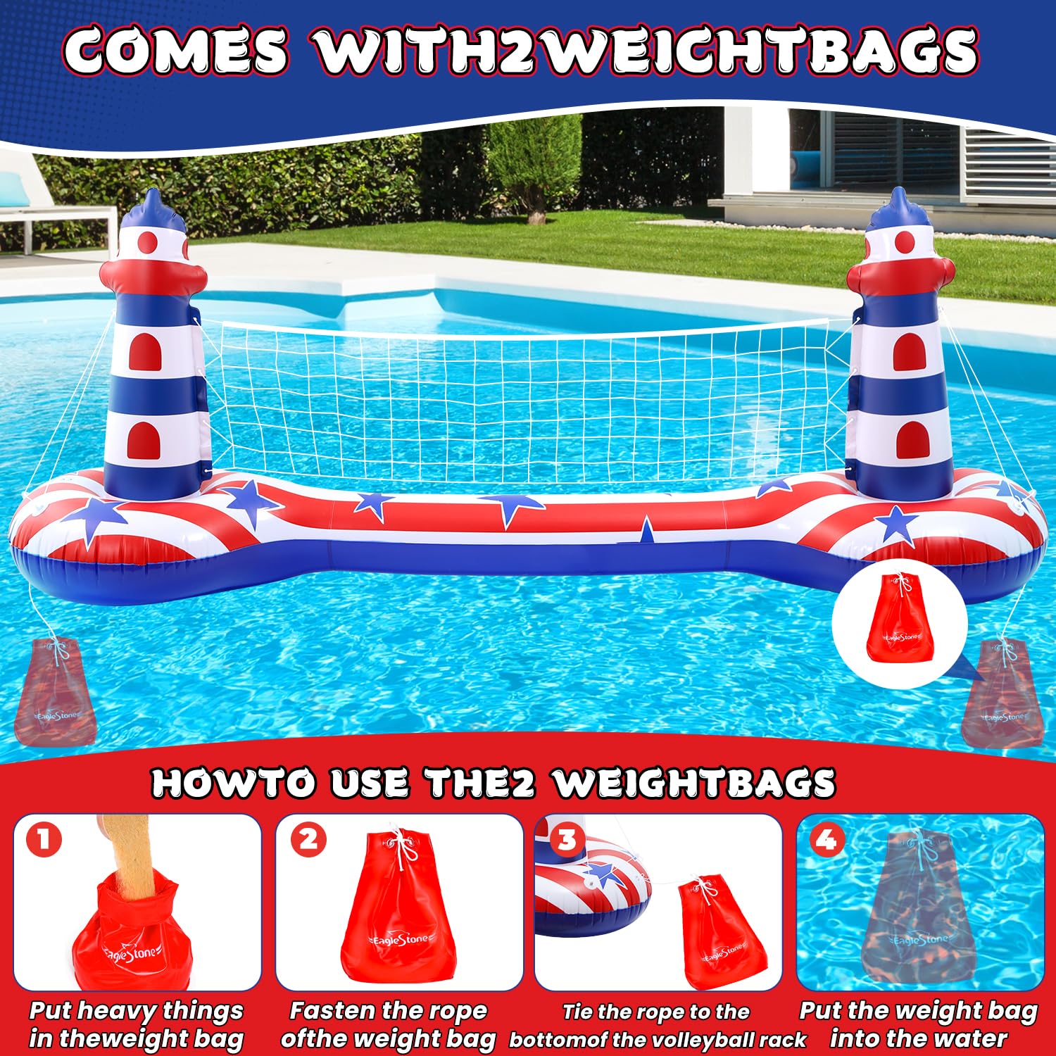 EagleStone Set di rete da pallavolo per piscina con canestro da basket, set di galleggianti gonfiabili per piscina con bandiera americana, rete da pallavolo e canestro da basket