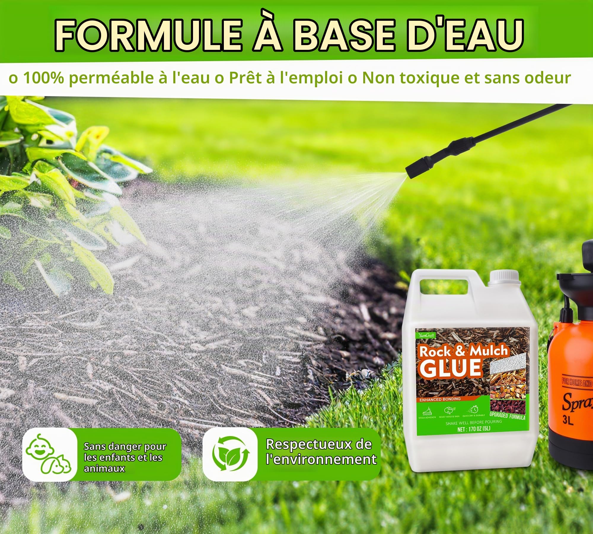 Colle à Gravier Extérieur avec Pulvérisateur 5L, Liant pour Gravier Prêt à l'Emploi, Stabilisant Transparent à Séchage Rapide, Non Toxique pour Jardins, Cours, Patios, Écorces, Galets et Paillis