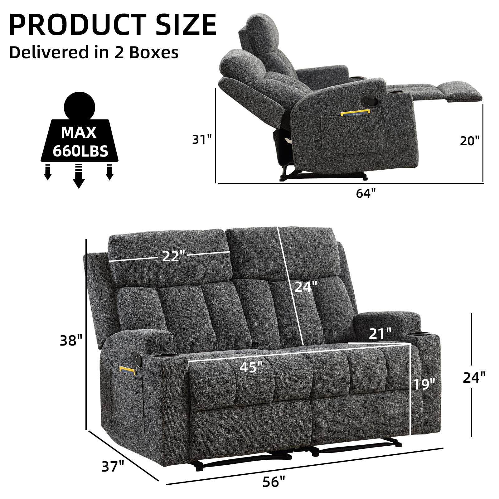 CANMOV Manual Loveseat Recliner, Soft Fabric 2-Seater Loveseat with Side Pocket & Cup Holders, Comfy Home Theater Sofa for Office & Living Room, Dark Grey view 2