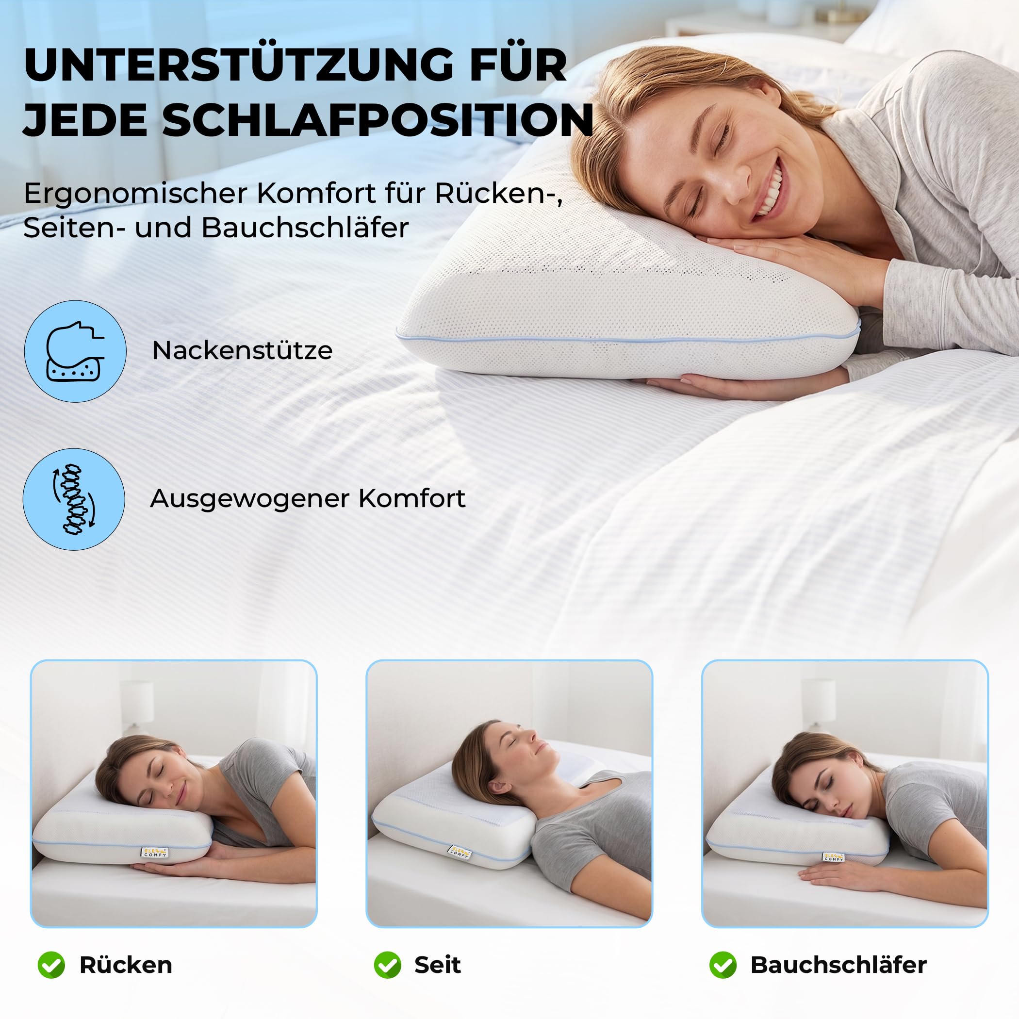 Sleep Comfy Gel-X Almohada 60 x 40 x 16 cm, almohada de espuma viscoelástica con gel refrescante, almohada ergonómica para el cuello, almohada transpirable con funda de jersey lavable, para dormir de