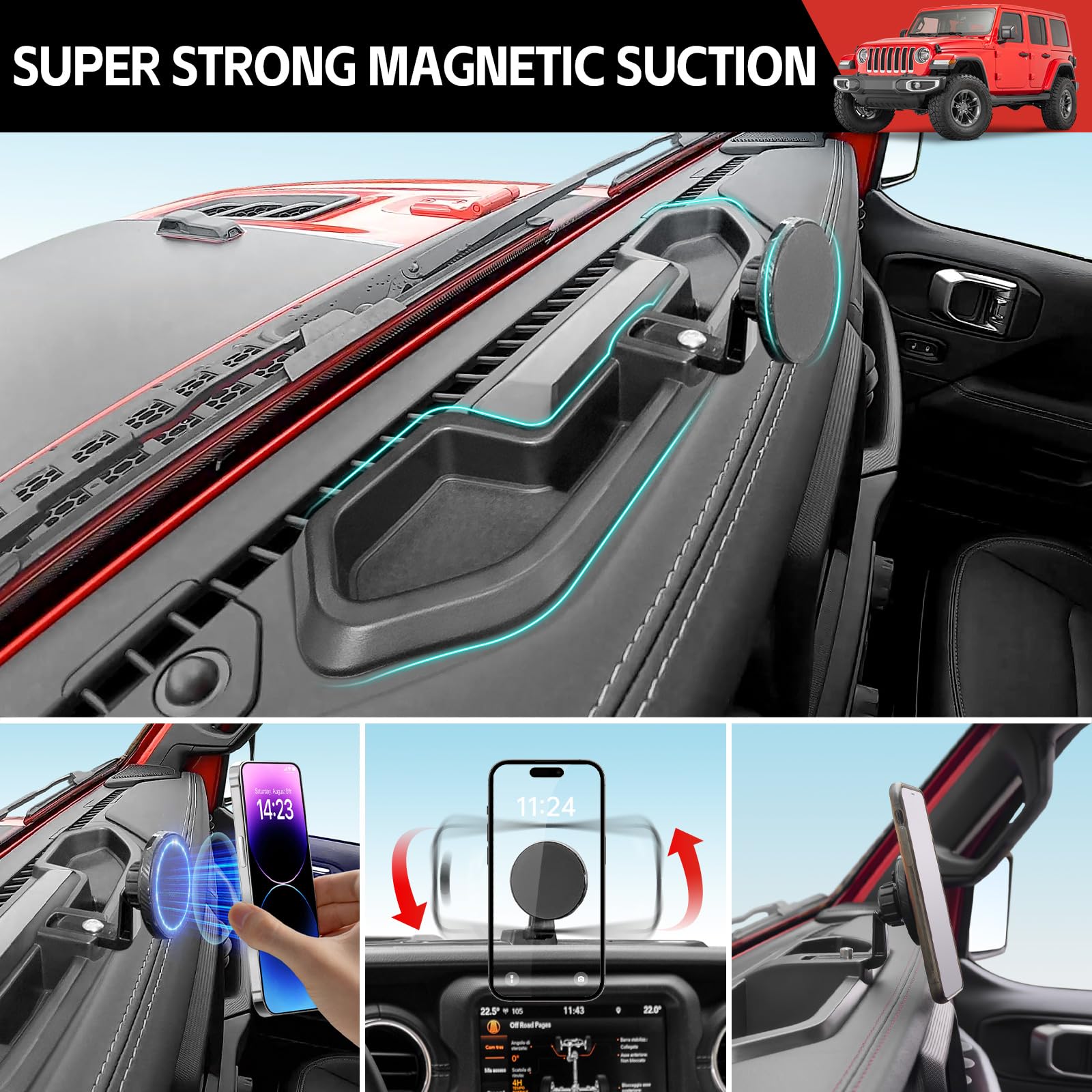 Supporto Telefono In Lega Di Alluminio Per Jeep Wrangler 2018-2023 JL JLU 4Xe - Attacco Cruscotto, Nero, Rotazione A 360°