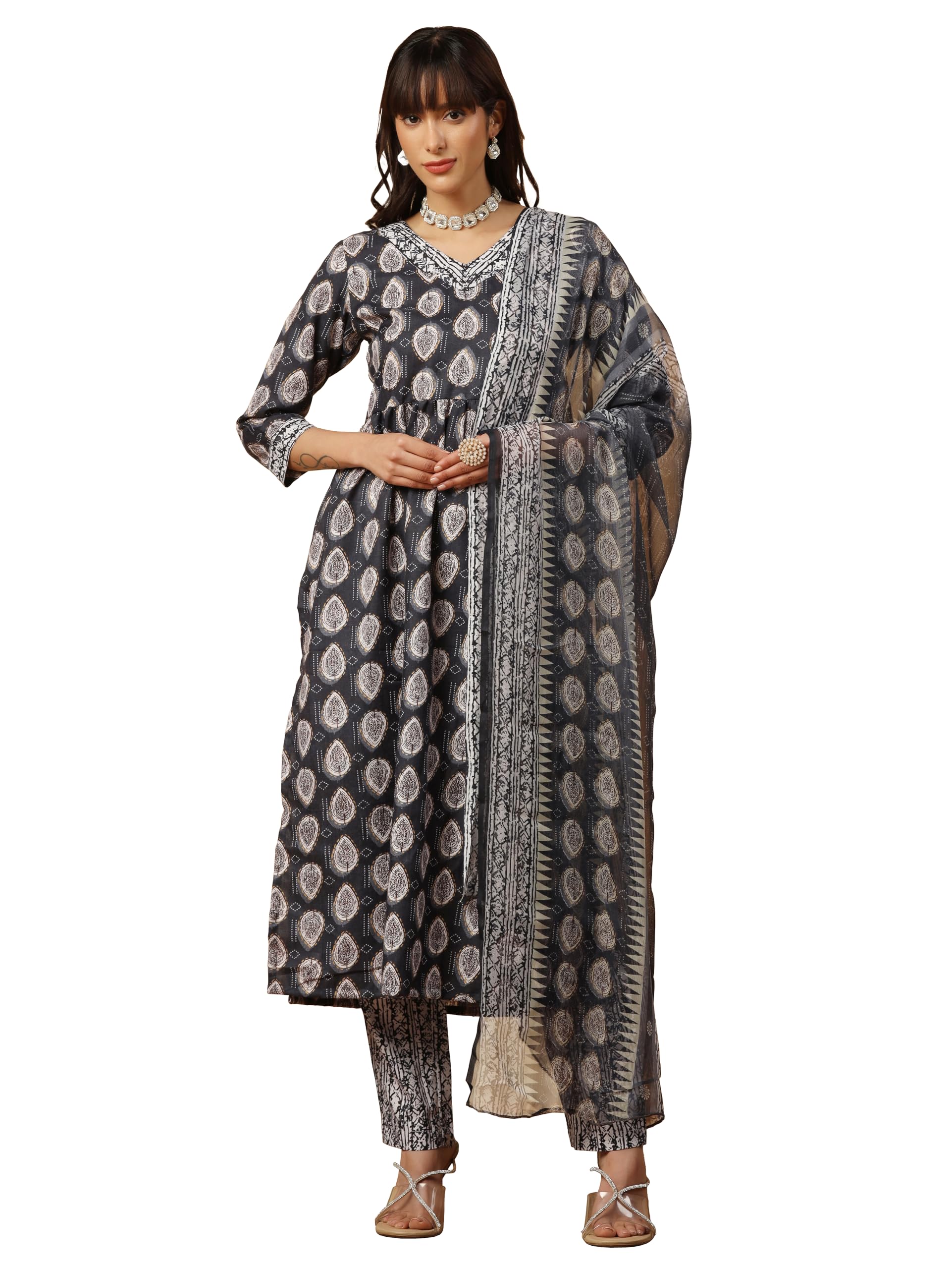 Tadkee Women's Cotton Blend Floral Regular Kurta Set (Fn-Kurta-Set-Dupatta-133-Grey-M_Grey_M)
