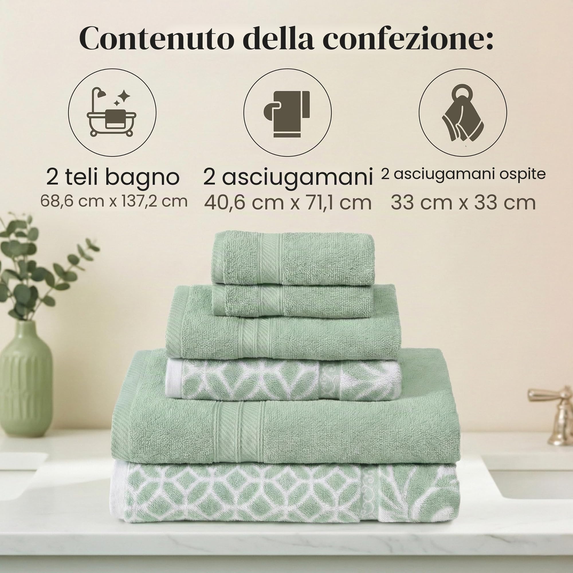 Modern Threads Trefoil - Set di 6 asciugamani reversibili in filigrana, tinta jacquard, asciugamani da bagno, asciugamani e salviette, super assorbenti e ad asciugatura rapida, 100% cotone pettinato