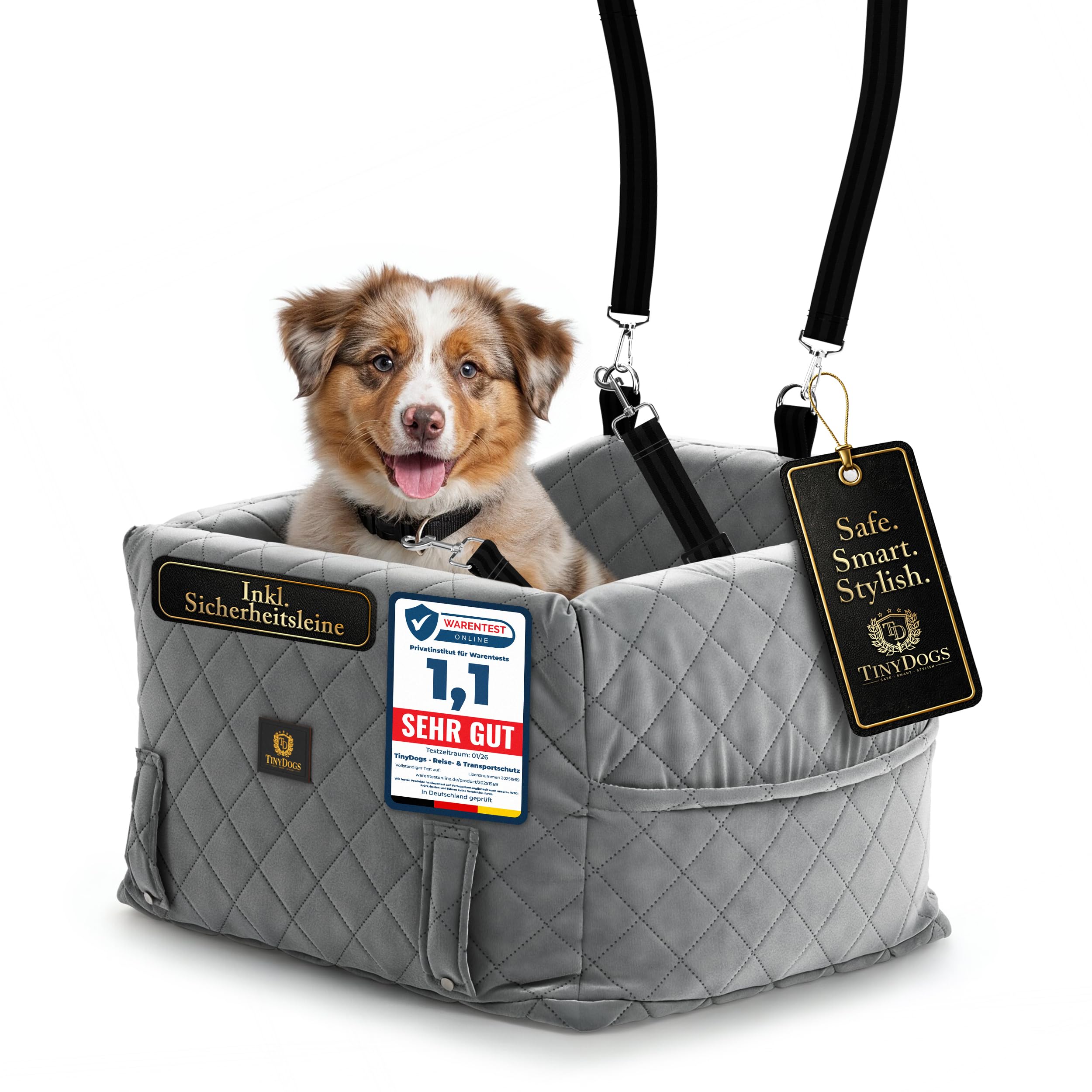 TinyDogs Hunde Autositz für kleine bis mittlere Hunde, Premium Hundesitz Auto waschbar mit Sicherheitsleine, Memory-Schaum Polsterung, Hundebett Auto für Vorder- und Rücksitz, Grau mit Seitentaschen