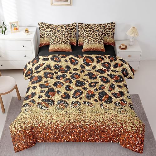 Orange Leopard Print Bed in a Bag King Size Comforter Set 7 Pieces,Gold Sequins 