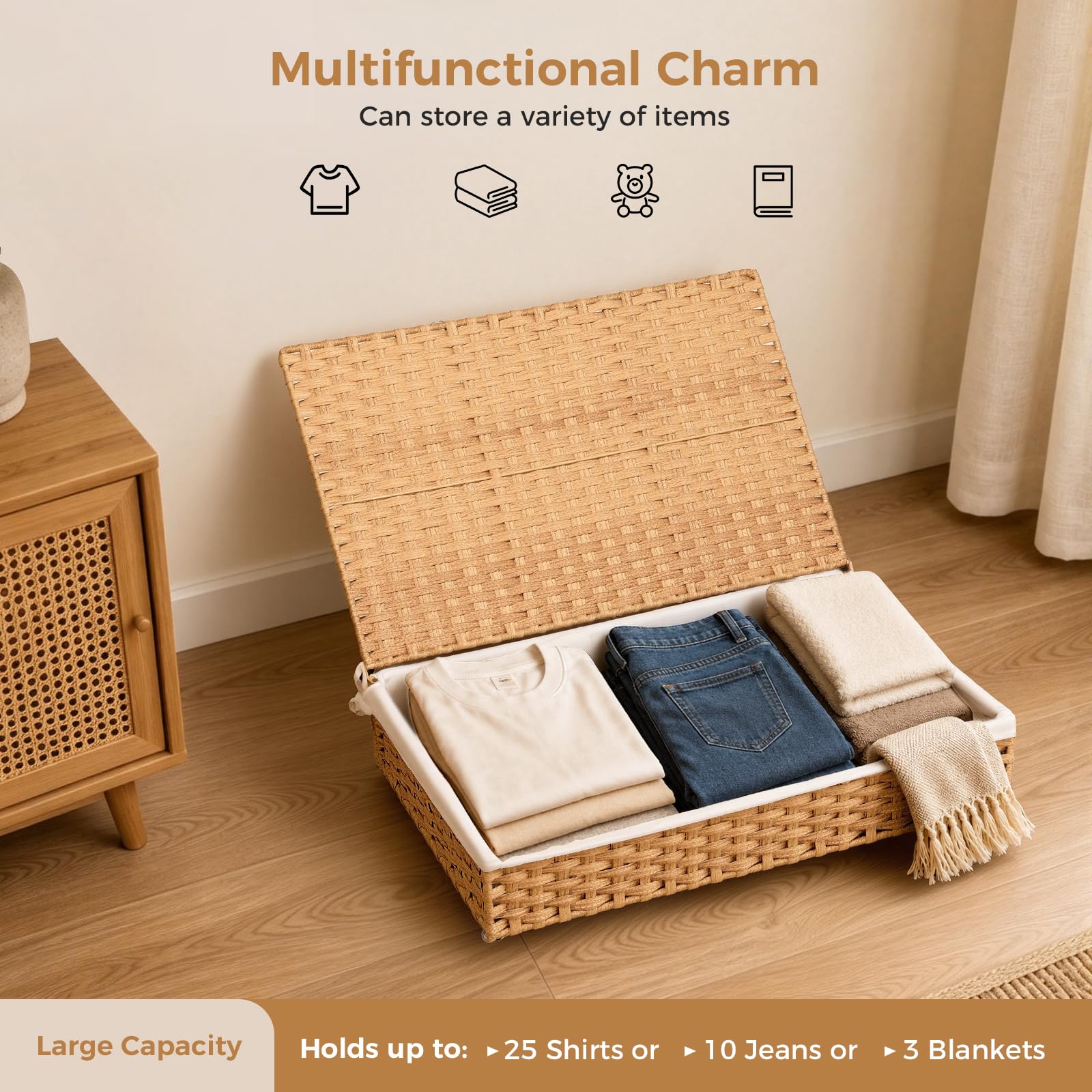 Contenitore sotto il letto con coperchio, contenitore sottoletto intrecciato a mano, per camera da letto, grande cesto portaoggetti da mettere sotto il letto, cestino portaoggetti in vimini