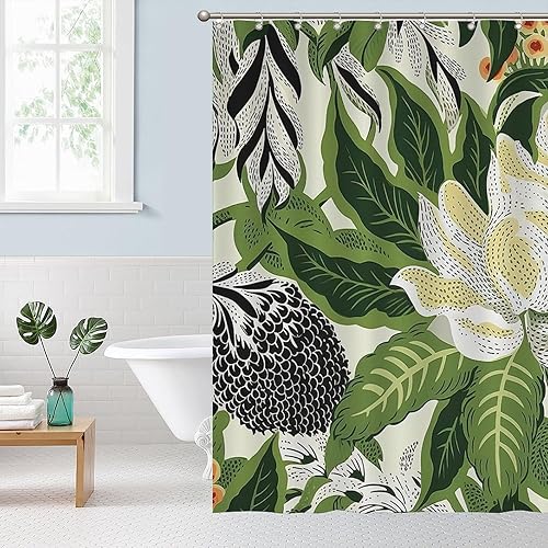 Miniatura 456 de Cortinas de ducha de baño con ganchos, 72 x 92 pulgadas, cortina de ducha de tela impermeable con diseño de flores y pájaros, cortina de ducha