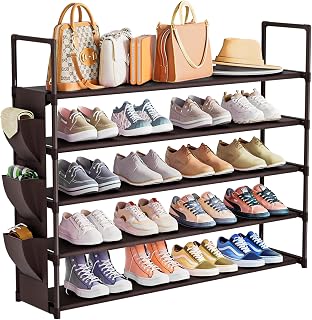 OYREL Shoe Rack 5 Tier 20-25 Storage Capacity Shoes Organizer | Closet, Entryway, Garage, Door Entrance, Space Saving Shoes Holder Stand, Sturdy Metal Free Standing Boot Shelf Tower Brown