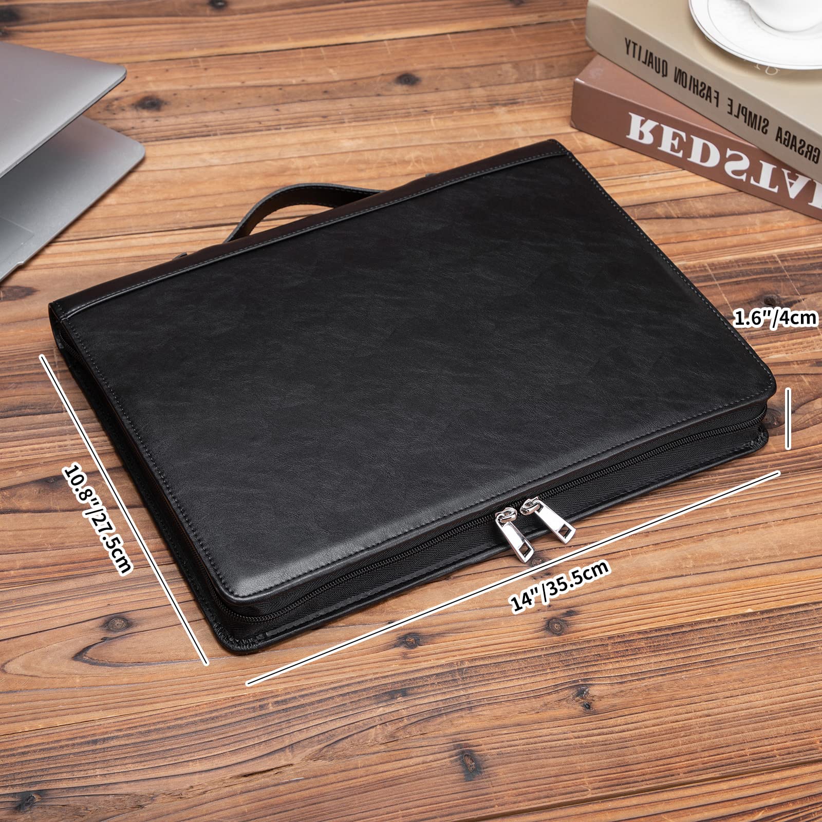 Portadocumenti professionale in pelle vegana a 3 anelli con porta blocco, maniglia nascosta, cerniera 21,6 x 27,9 cm, organizer professionale per uomini e donne, nero