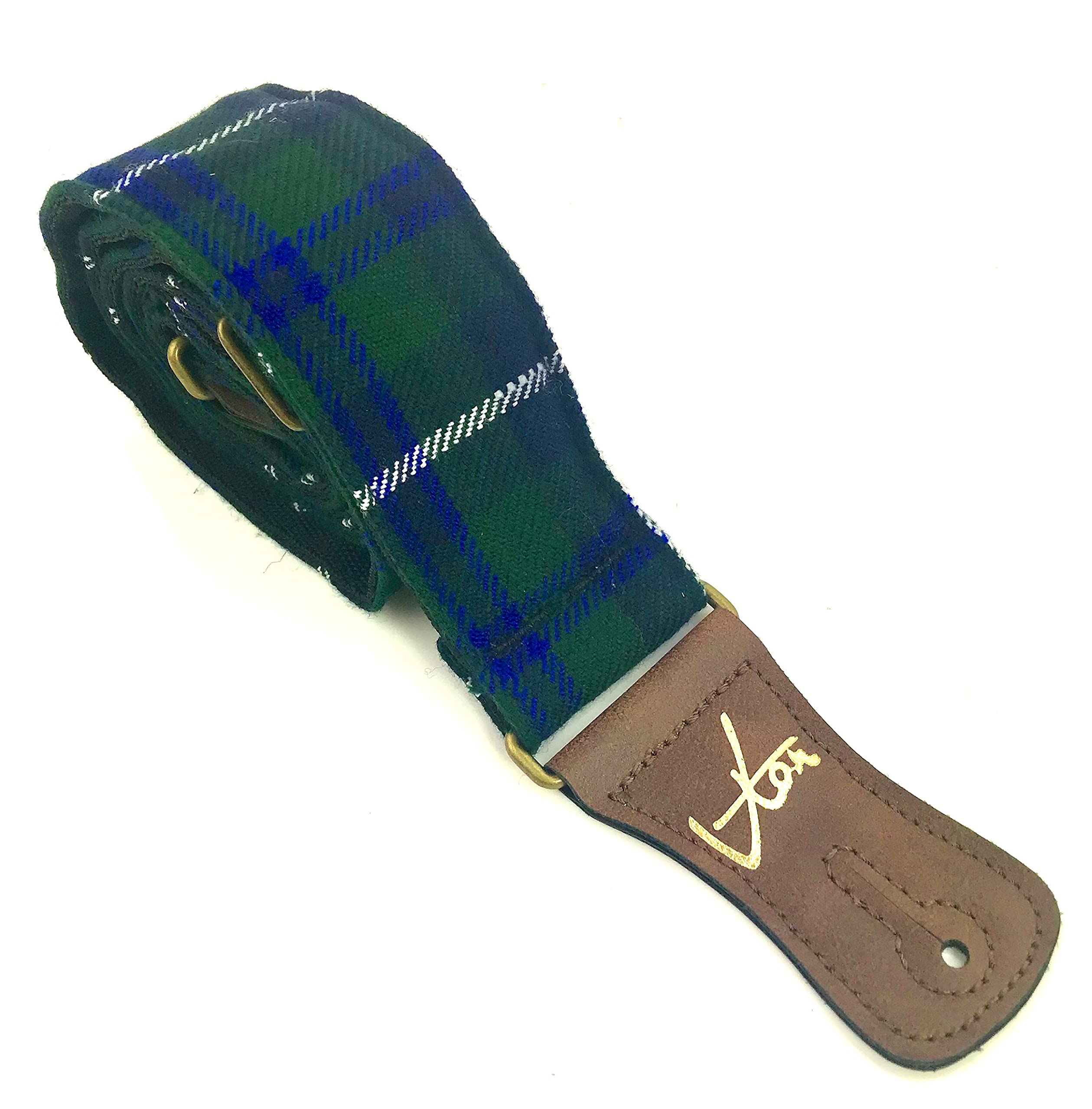 Vtar Handmade Scottish Highland Tartan 70's Guitar Strap with Vegan brown leather end (Blue Douglas)