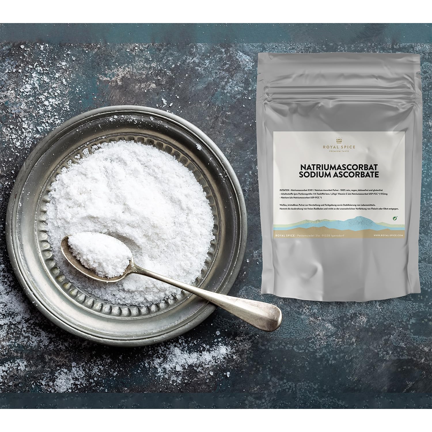 Royal Spice Ascorbato de sodio E301 250 g – Antioxidante puro y aditivo alimentario – Ascorbato de sodio en polvo para salchichas, salazón seco – Vegano y sin aditivos