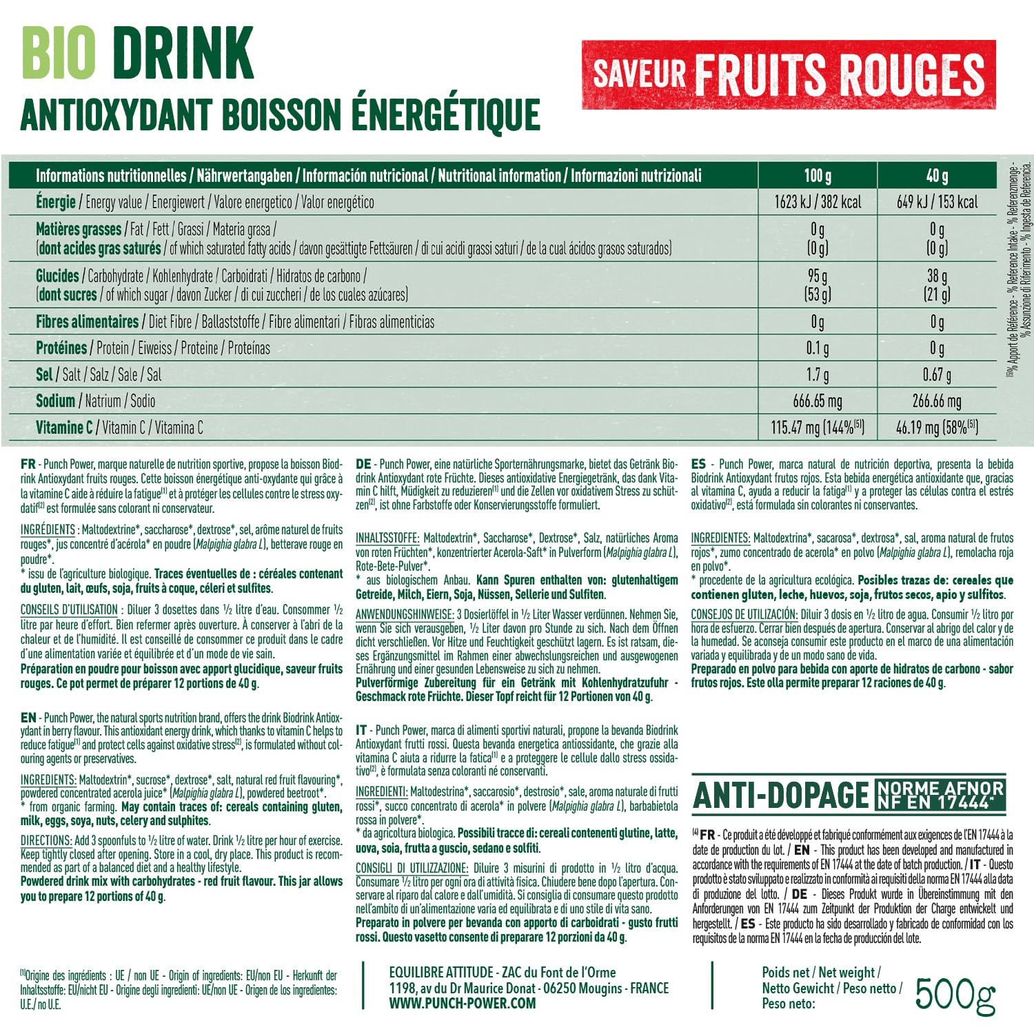 Punch Power Biodrink Antioxydant Fruits Rouges Pot de 500 g
