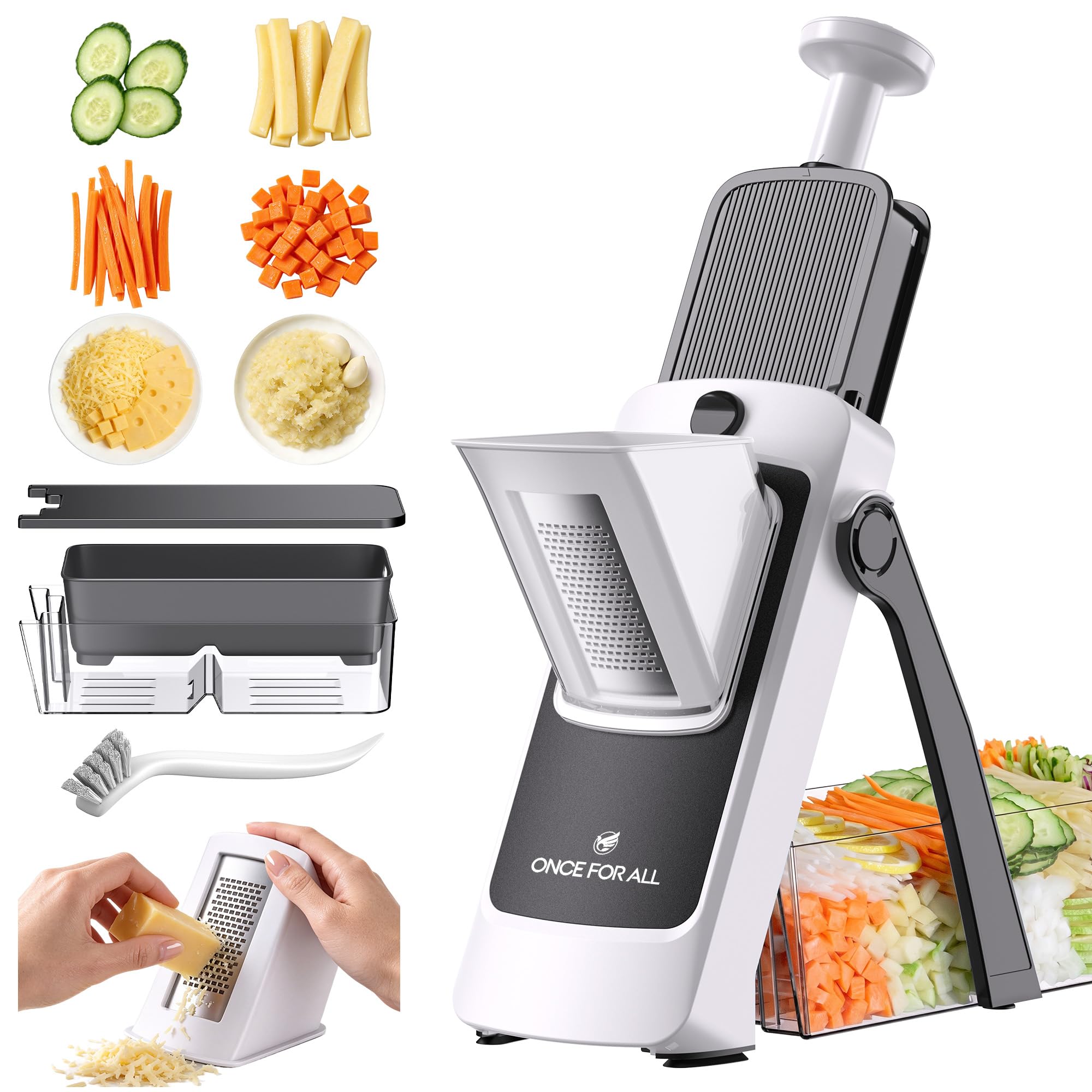 ONCE FOR ALL Safe Mandoline Slicer Pro, Veggie Slicer with Container, Gray
