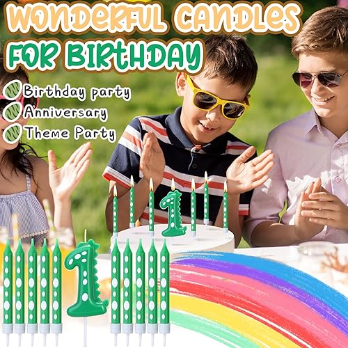 Miniatura 4 de Juego de 11 velas de cumpleaños de dinosaurio verde número 1 para niños, suministros de pastel de cumpleaños, decoración de fiesta de dinosaurios,
