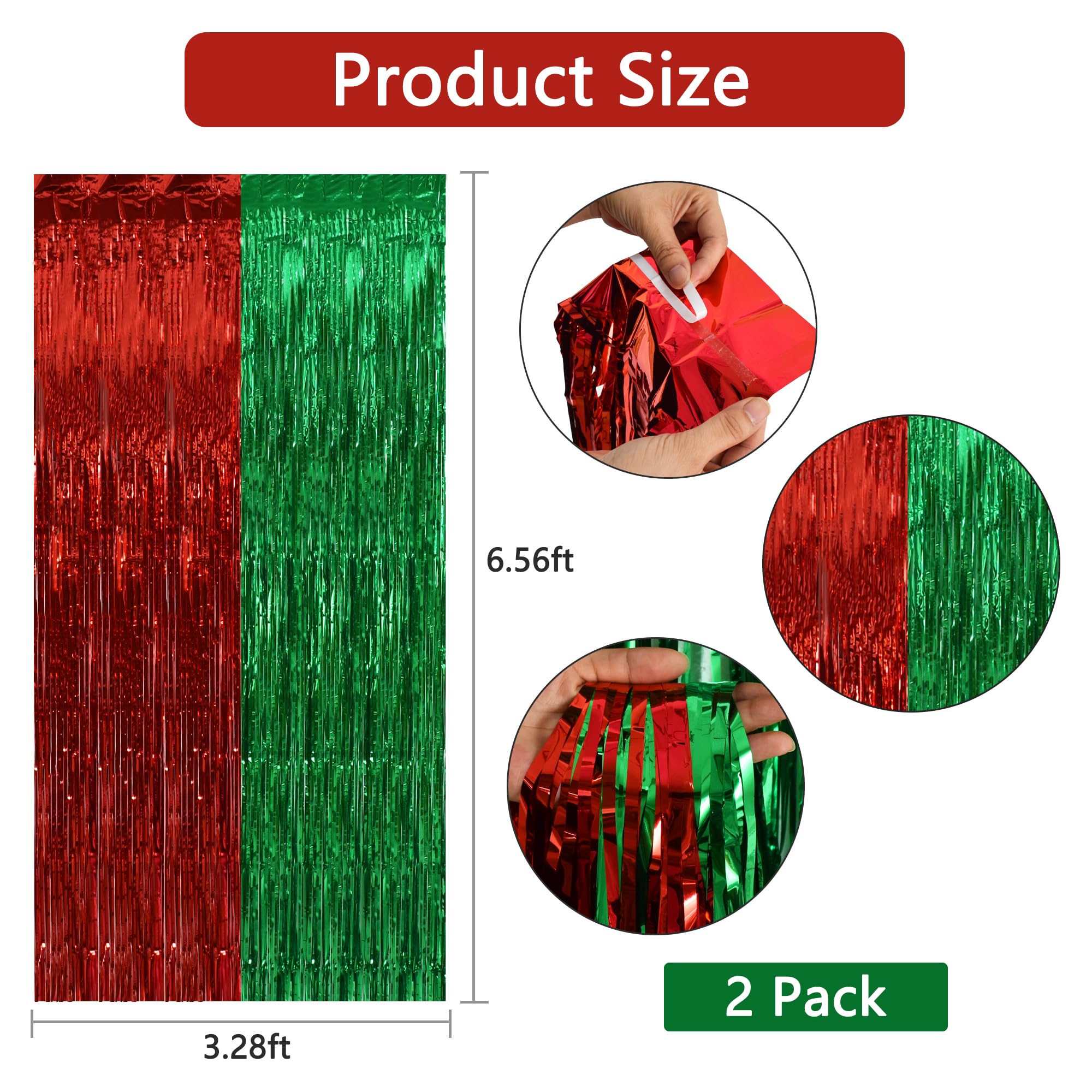 BEISHIDA 2Pcs Red Green Door Streamer Merry Christmas Backdrop Foil Fringe Tinsel Christmas Curtains Backdrops for Christmas' Day Party Decoration (3.28 ft x 6.56 ft)
