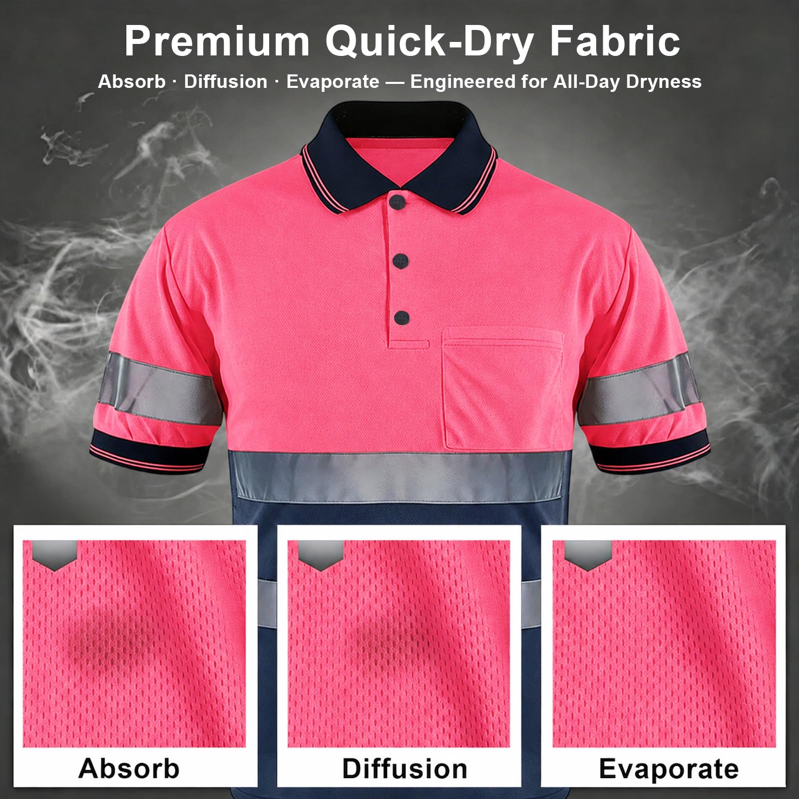 SMASYS Polo de seguridad, construcción reflectante, ropa de trabajo de alta visibilidad, camisetas con bolsillos para mujeres y hombres, rosa- azul marino, 5XL