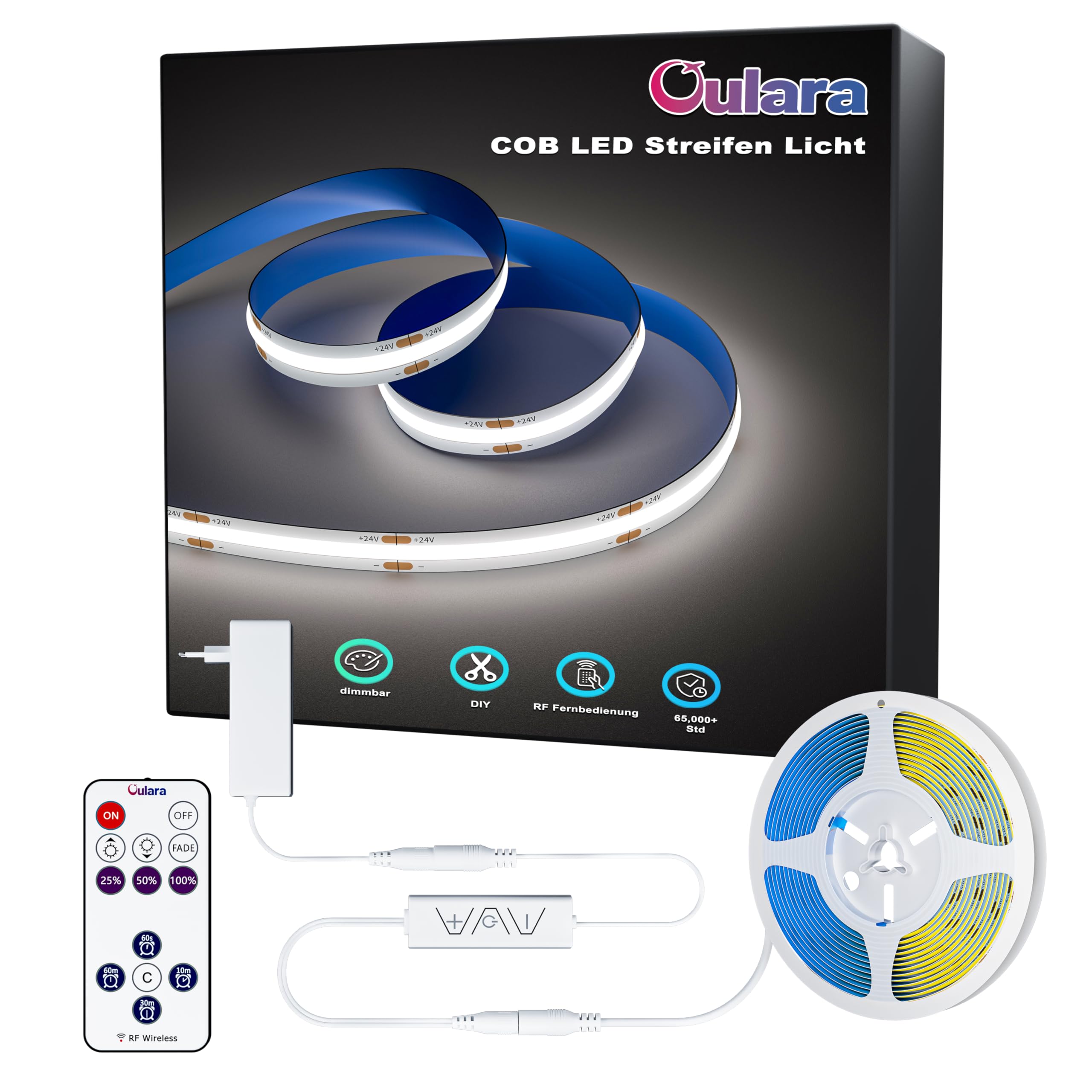 OULARA LED Streifen KaltesWeiß 6000K Dimmbar,24V Flexibel LED Strip 10M mit RF Fernbedienung und Netzteil,CRI90+ Hell Unterbauleuchte für Home DIY Dekoration,Timerfunktion