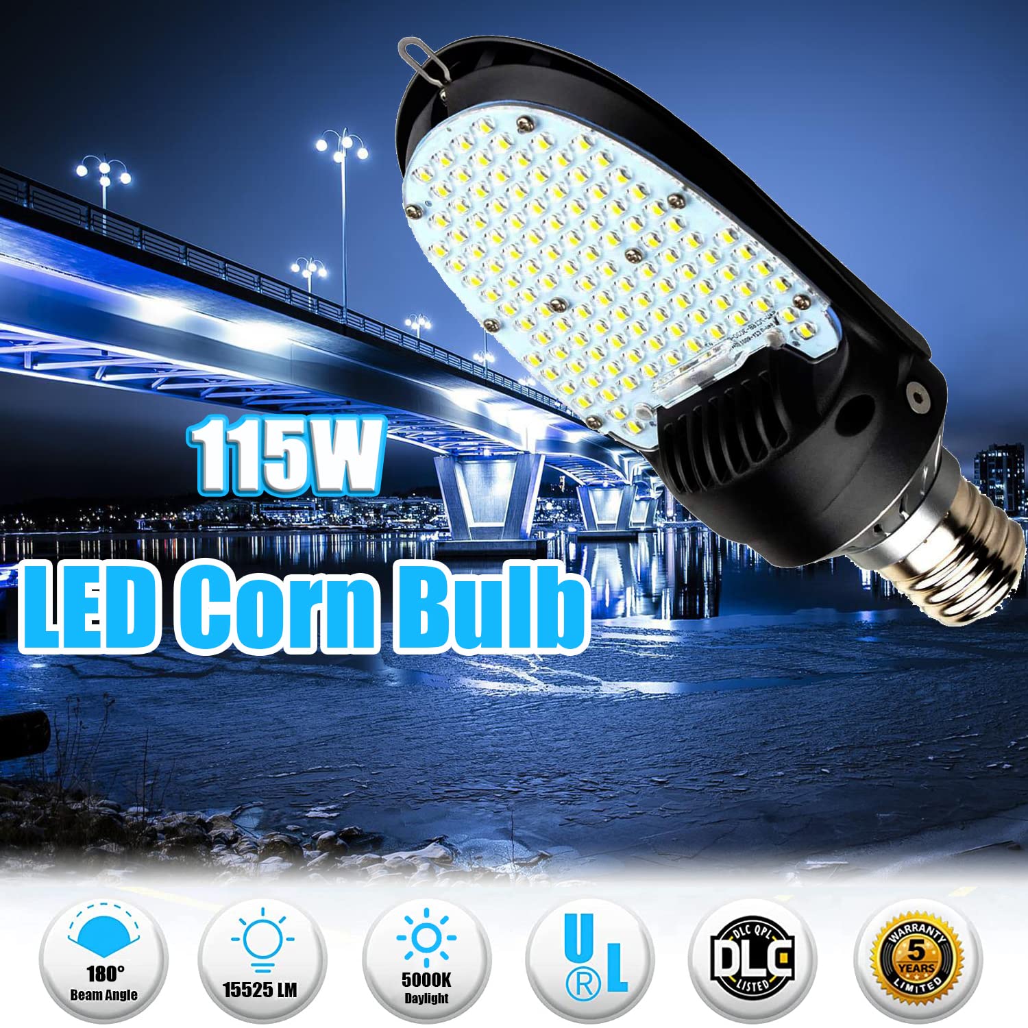 115W LED Shoebox Corn Retrofit Lamps 5000K 15525LM Shoebox Corn Light Bulb 500W MH Equiv Rotatable E39 Mogul — view 2
