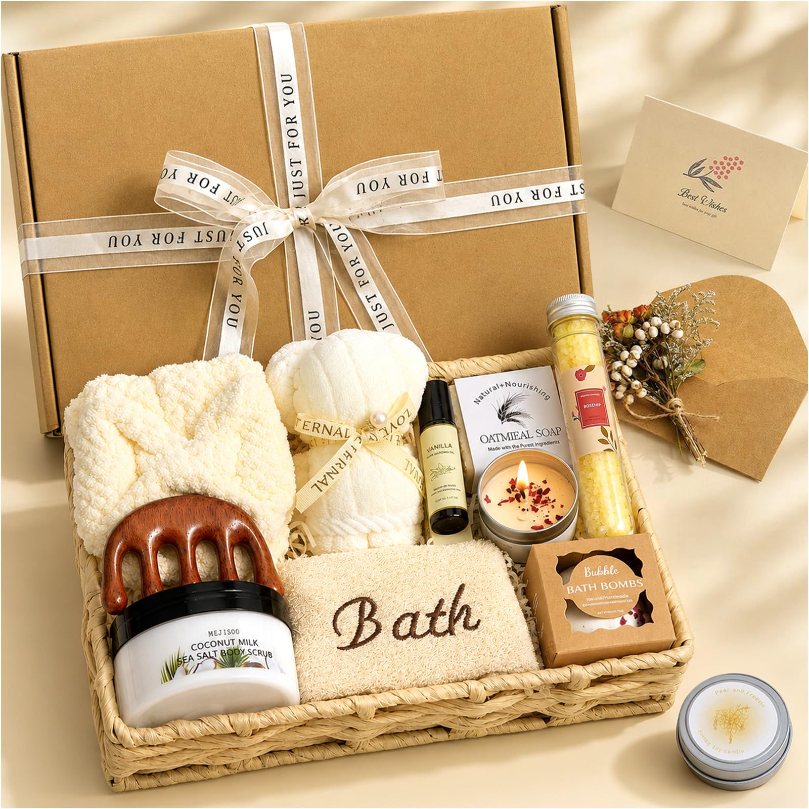 Regalo per donne, set regalo da 14 pezzi, olio da massaggio, candela profumata, sali da bagno, sapone, bombe da bagno, pettine per massaggio, cestino regalo per benessere, regalo di compleanno, per