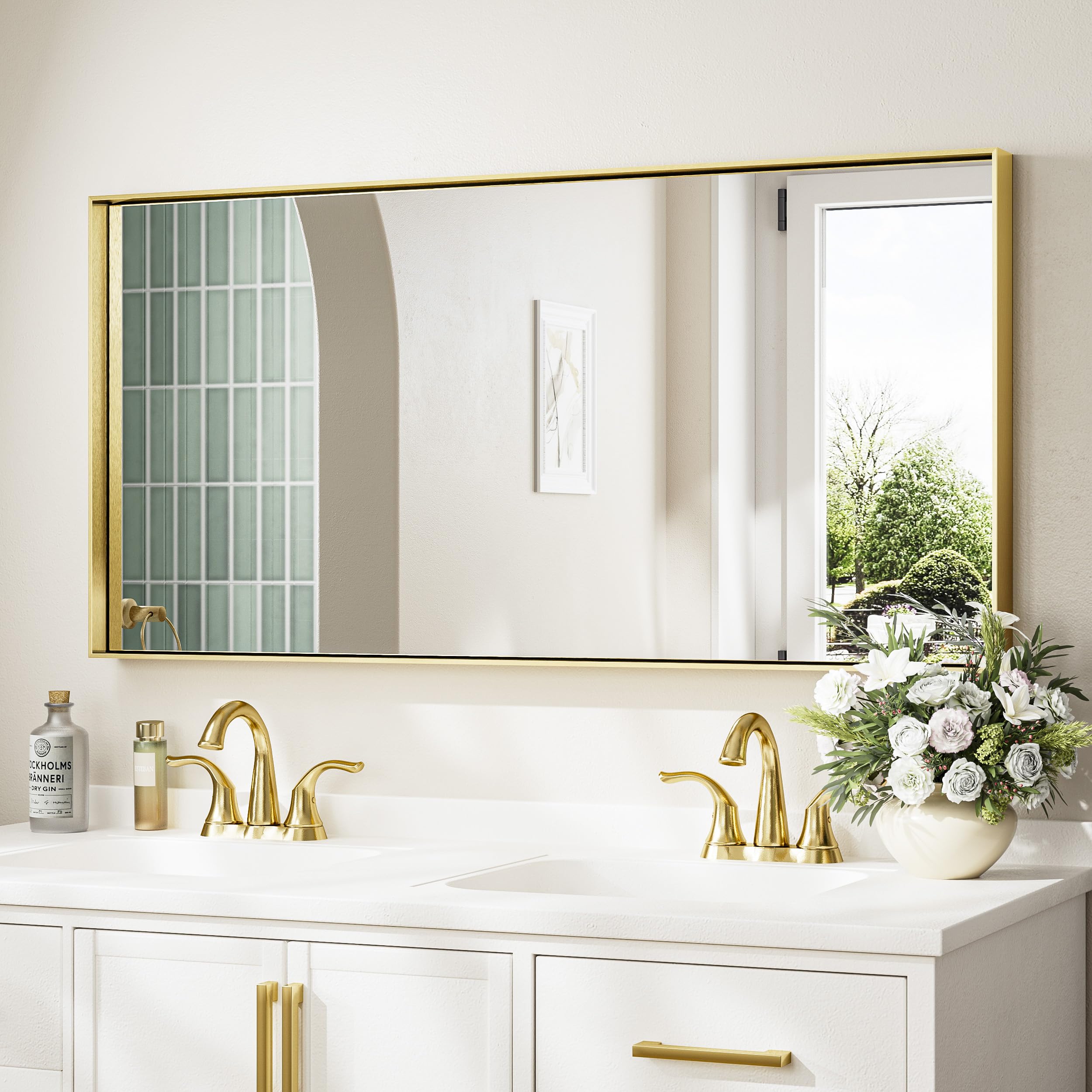 Keonjinn 48 x 24 In Brushed Gold Bathroom Mirrors for Over Sink Shiny Gold Rectangle Vanity Wall Mirror Metal Brass Framed Modern Farmhouse Mirror Square Corner Full Length Mirror(Horizontal/Vertical)