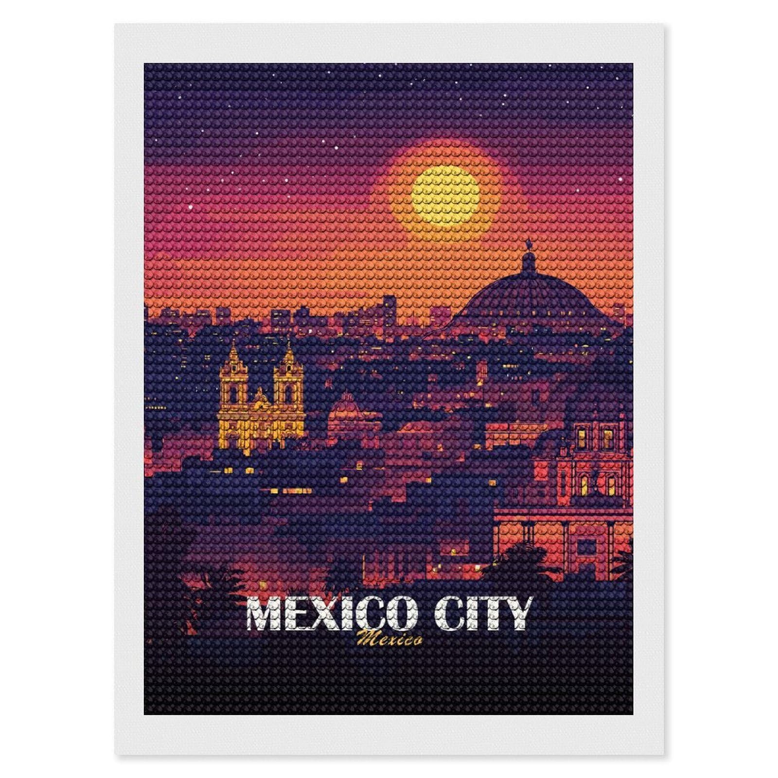 Junmoney Mexico City Skyline at Sunset(2) Diamond Art Canvas 12"x16", for Teens, Nice Detail and Sparkle, Farmhouse Decor, Festive Craft Gift, Easy to Enjoy