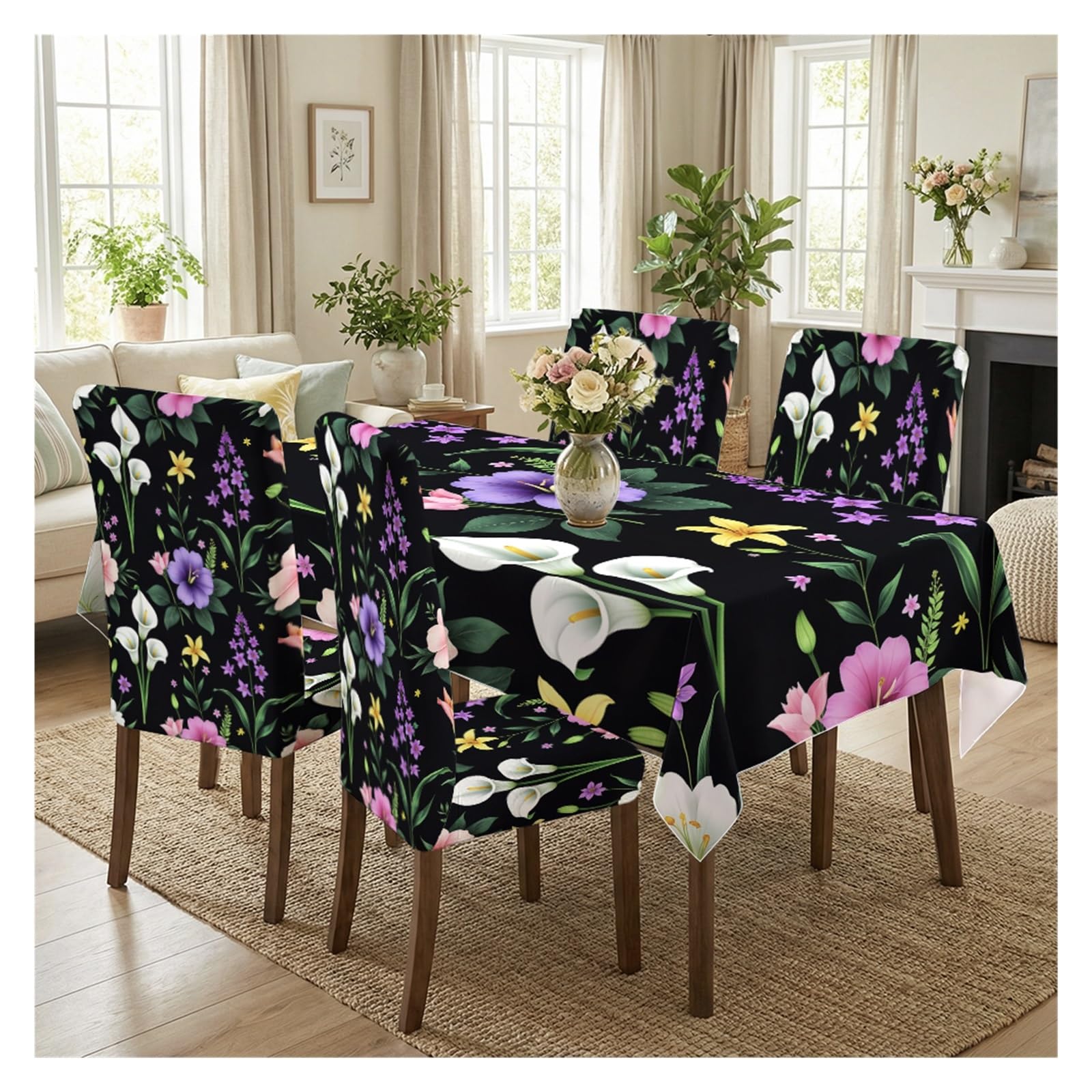 BOSUYBN Stretch Dining Chair Slipcover & Tablecloth Set, Black Base Colorful Calla Lily Wildflower Print, 5/7 Pack, Boho Luxury Dining Home Decor Table Setting(5pcs Set: Tablecloth+Chair Covers)
