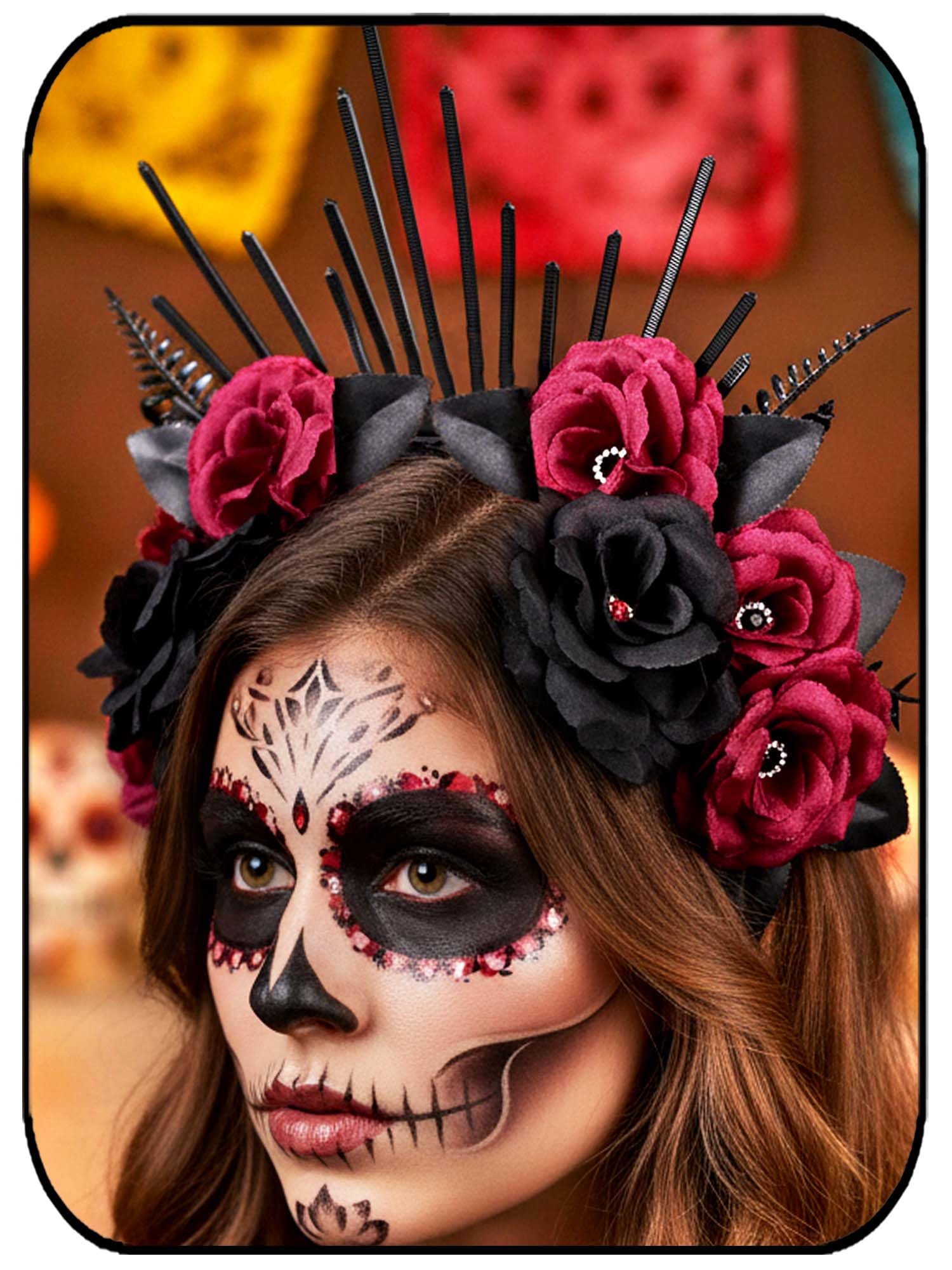 Rose Sunburst Halo Headband Black Spiked Flower Halo Crown Handmade Gothic Halloween Day of the Dead Photo-shoot Rhinestone Floral Halo Headpiece for Women and Girls-image-32