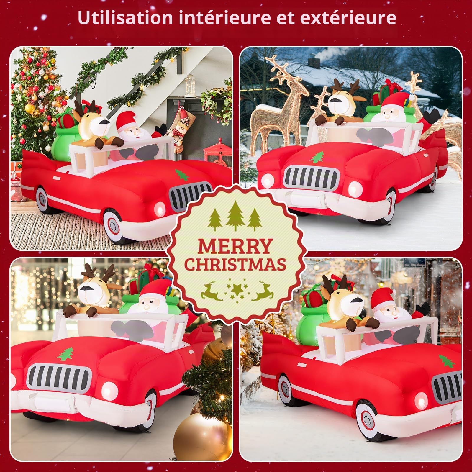 GOPLUS Décoration Noel Exterieur Interieur Gonflable 2,35 m Long, Père Noël Gonflable Lumineux et Renne Noel Conduit Voiture Rouge avec Cadeaux, Décoration Noël Inflable