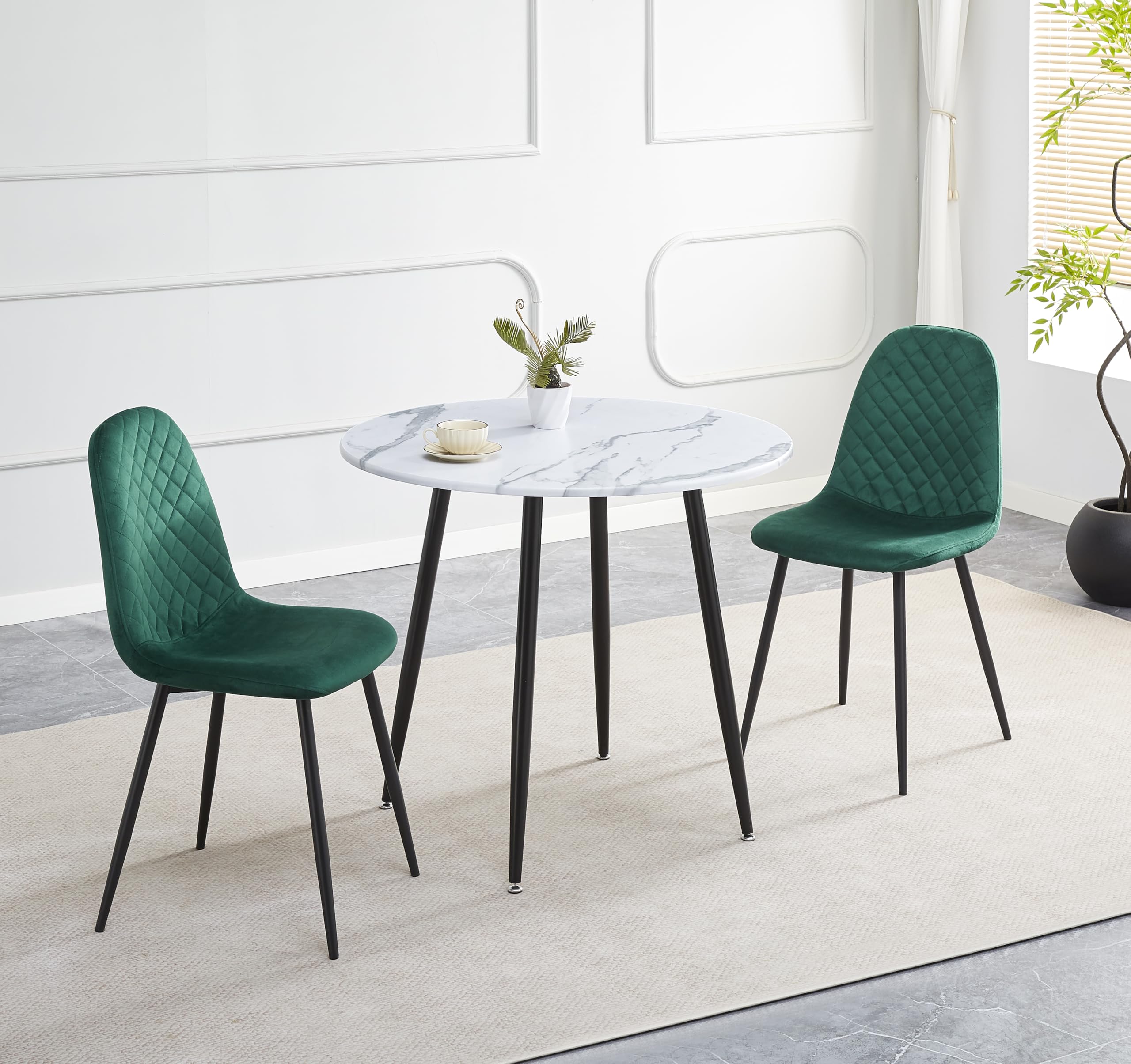 HomJoy Round Dining Table and Chairs Set of 2 Marble Effect Wood Table White 90cm Modern Green Velvet Padded Chairs 3 Piece Dining Room Kitchen Home Office Restaurant Pub Cafe