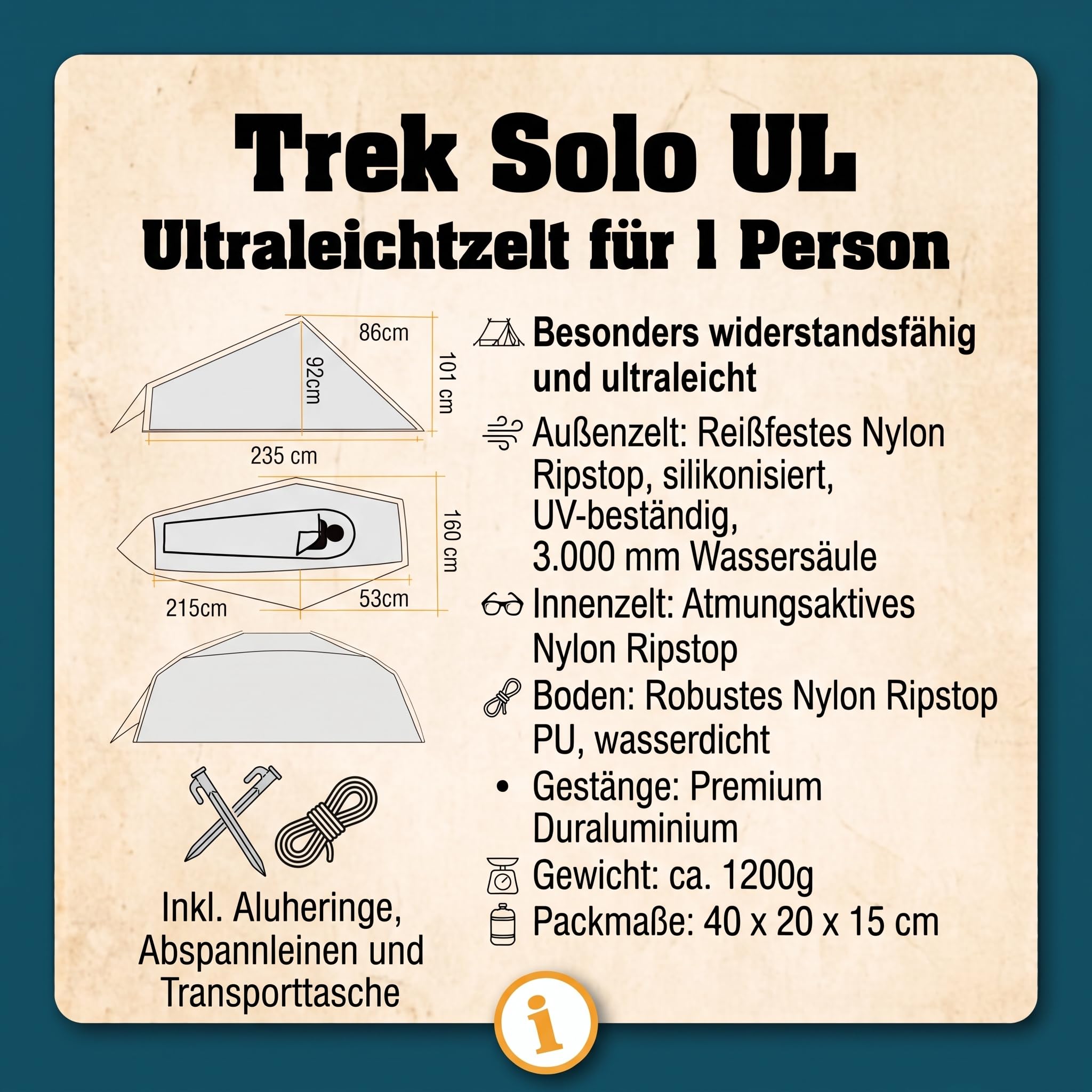 Trek Solo namiot dla 1 osoby, ultralekki, mały rozmiar po spakowaniu, zielony, kemping i trekking