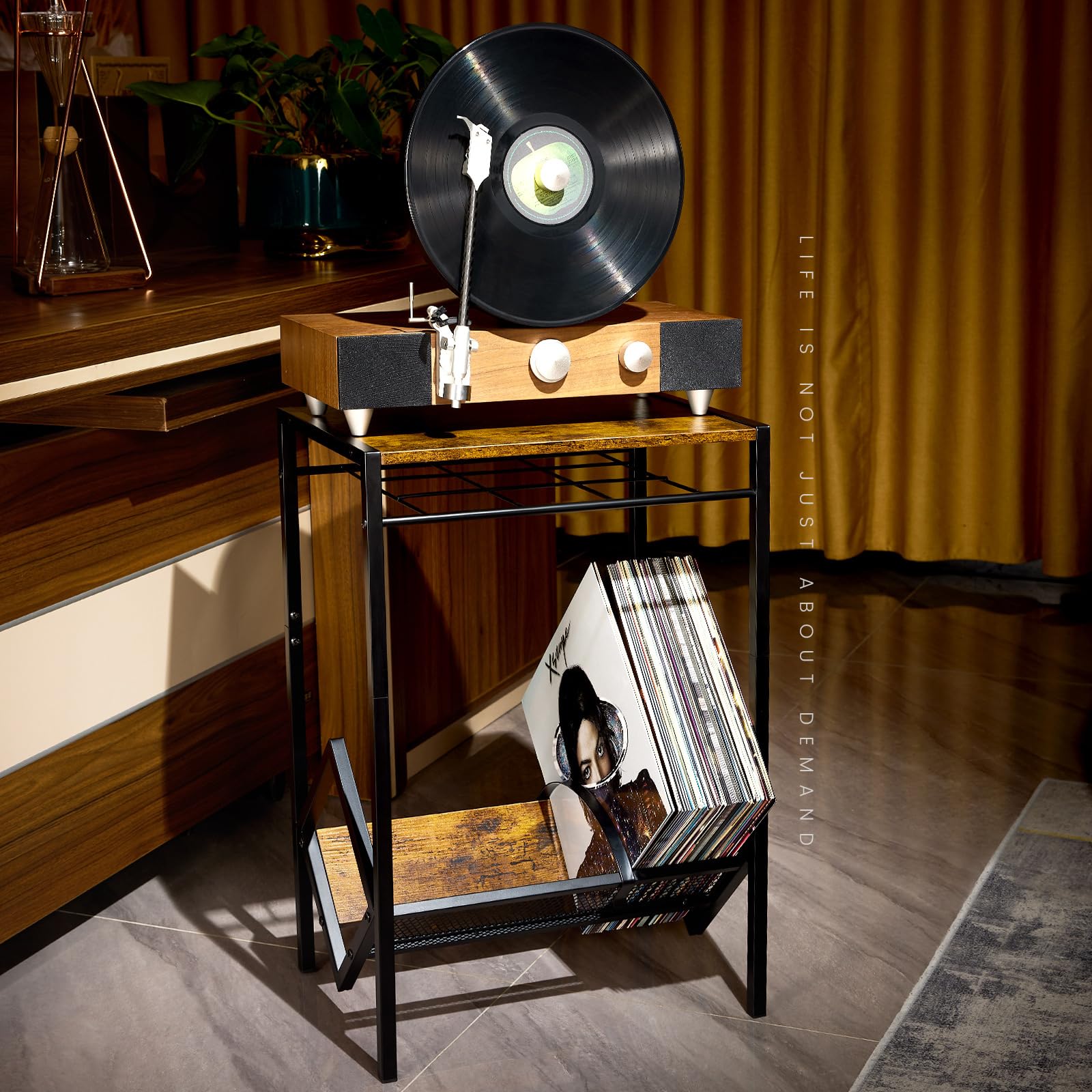 Soporte para tocadiscos de 2 niveles con almacenamiento de vinilo, soporte giratorio retro para 80 | Organizador pequeño de madera y metal con ruedas para esquina de sala de estar