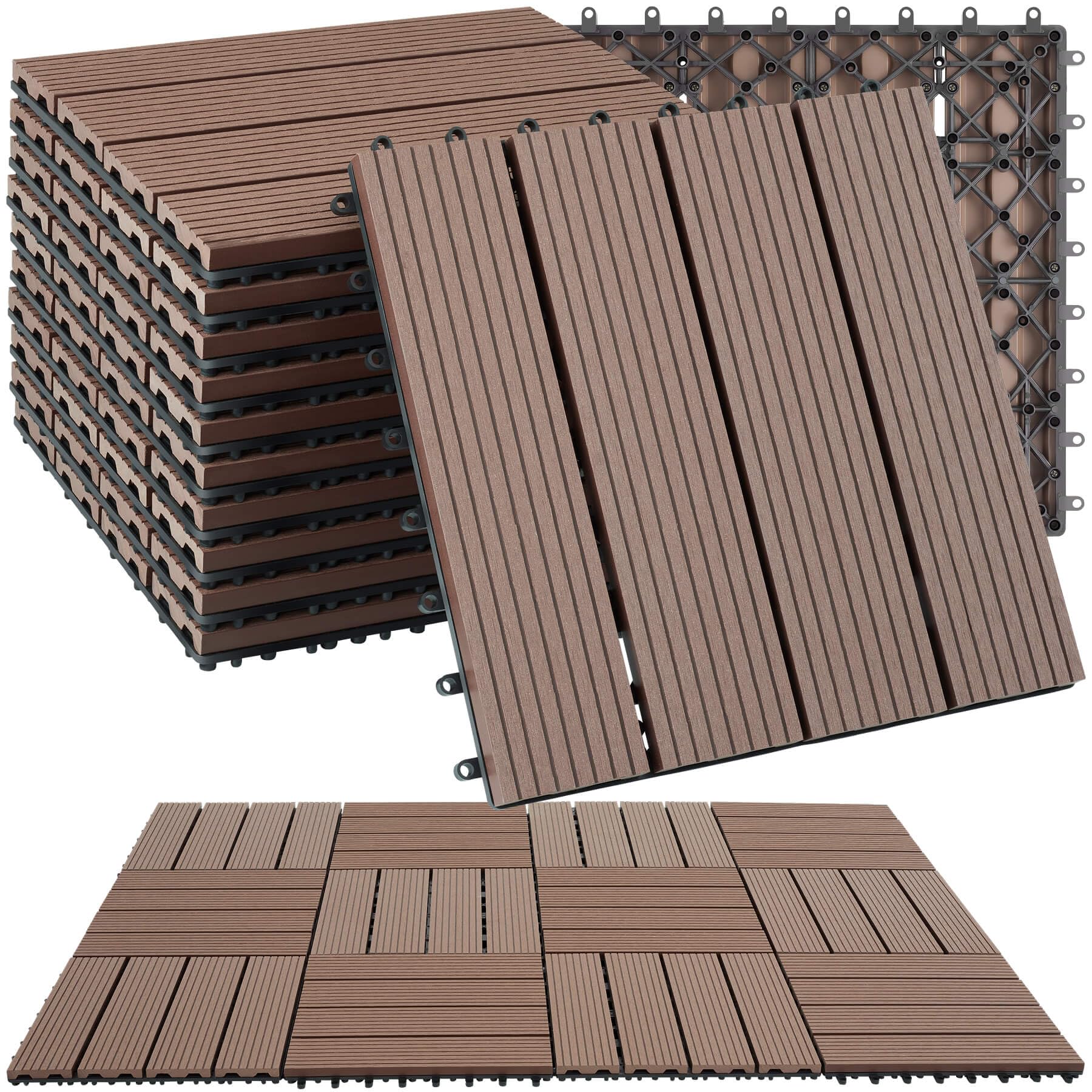 tectake® 11-Piece Decking Tile Set in Wooden Look, 31 x 31 cm per Tile, 1.0571m² Total Area, Easy Interlocking Click System, Non-Slip & Weather-Resistant WPC - Garden & Patio Decking Tiles - Brown