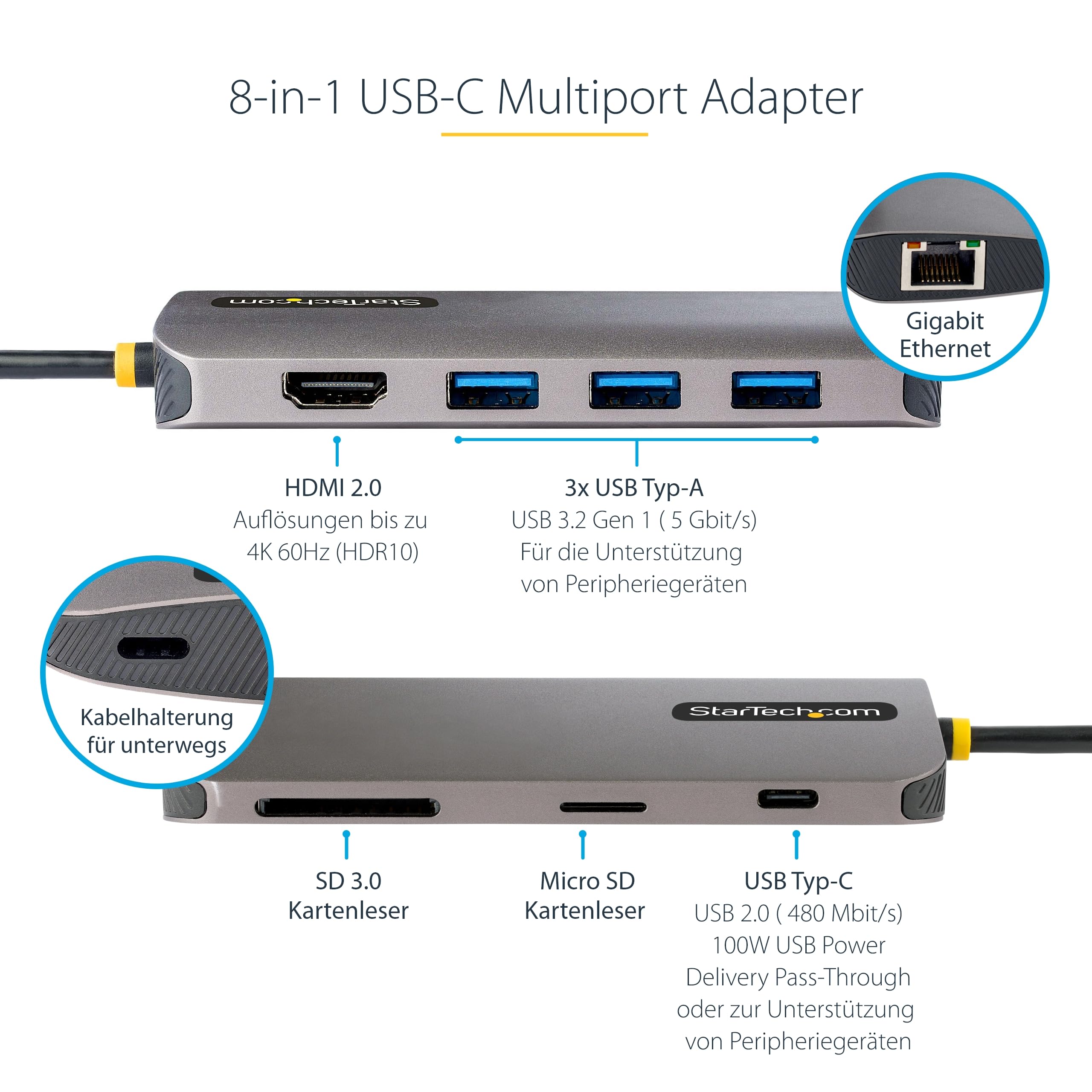 StarTech 8-in-1 USB-C Dock, 4K HDMI, USB 5Gbit/s, GbE, SD, 100W, 30cm | USB-C Multiport Adapter, Mini Dock, 3-Port USB-A Hub, MicroSD, Reiseadapter, Thunderbolt 3, HDR10, DP 1.4