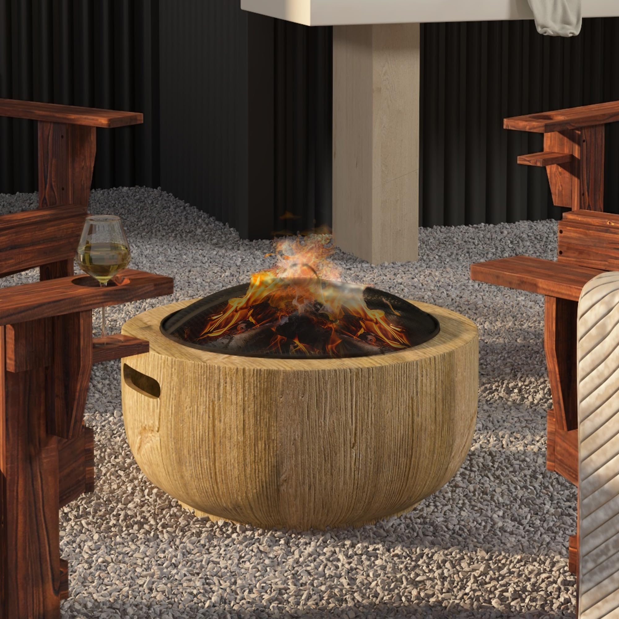 Outsunny Feuerschale Feuerstelle mit Deckel im Baumstumpf-Design Braun | Feuerkorb mit Schürhaken, für Garten, Camping, Terrasse, Stahl, MgO