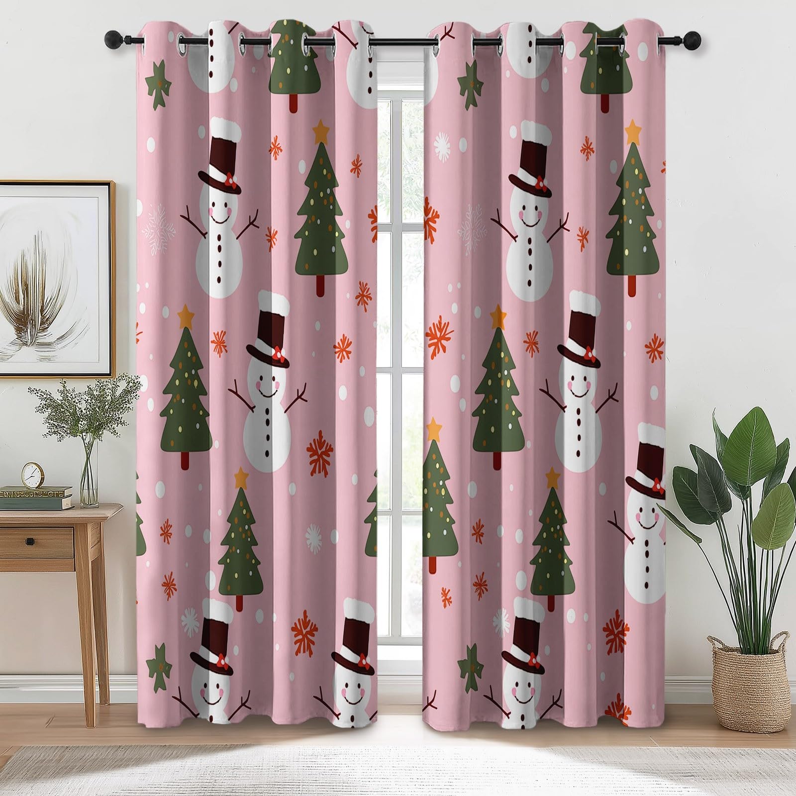 Świąteczny bałwan z nadrukiem choinki 100% zasłony zaciemniające do sypialni i salonu 117 x 183 cm (2 panele) - izolacja termiczna, zasłony z oczkami, redukcja hałasu, różowe