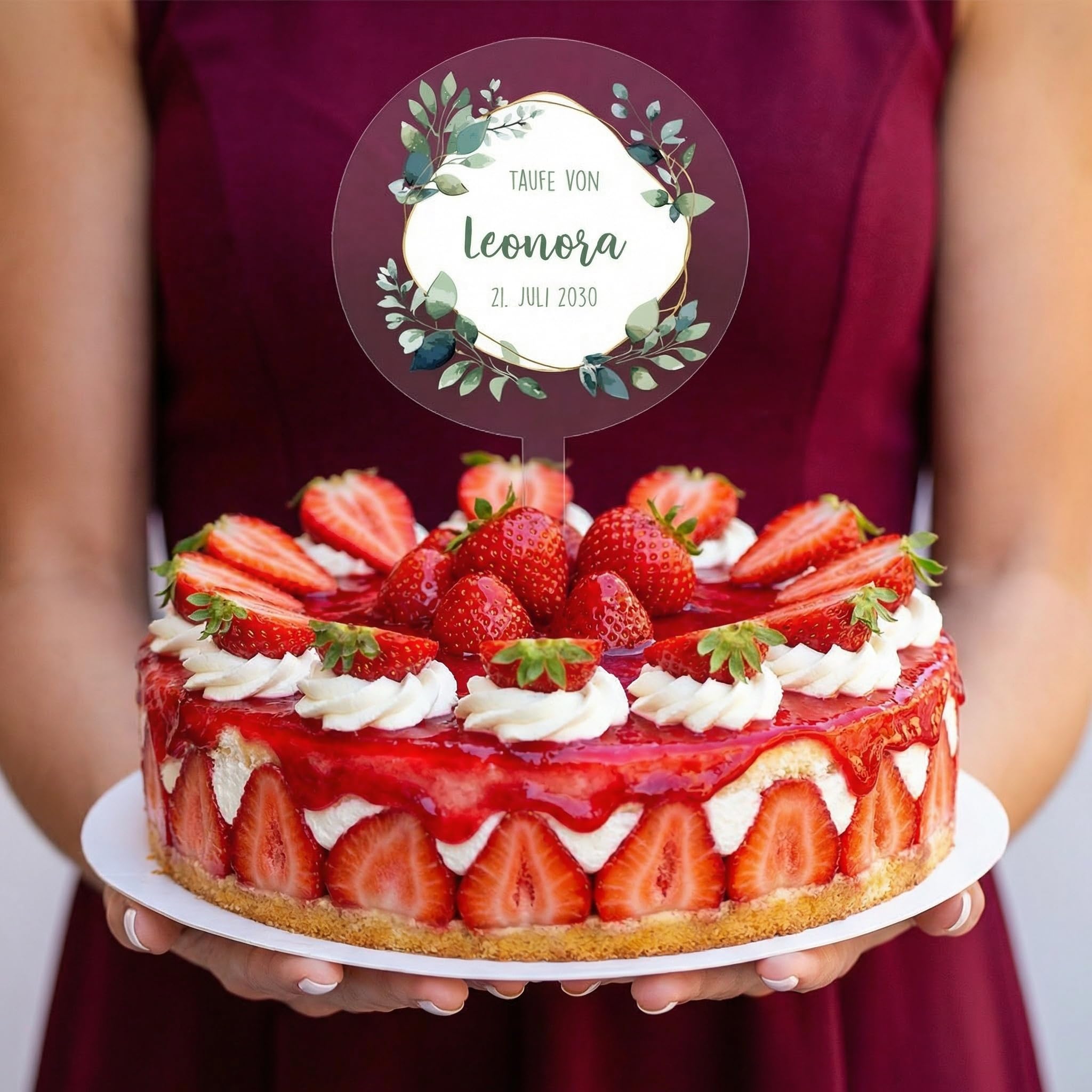 Herz & Heim® Personalisierter Tortentopper für Taufe, Kommunion, Firmung, Konfirmation – Acrylglas Cake Topper mit Name & Datum – 2 Größen (10 cm (Eukalyptus)) - 4