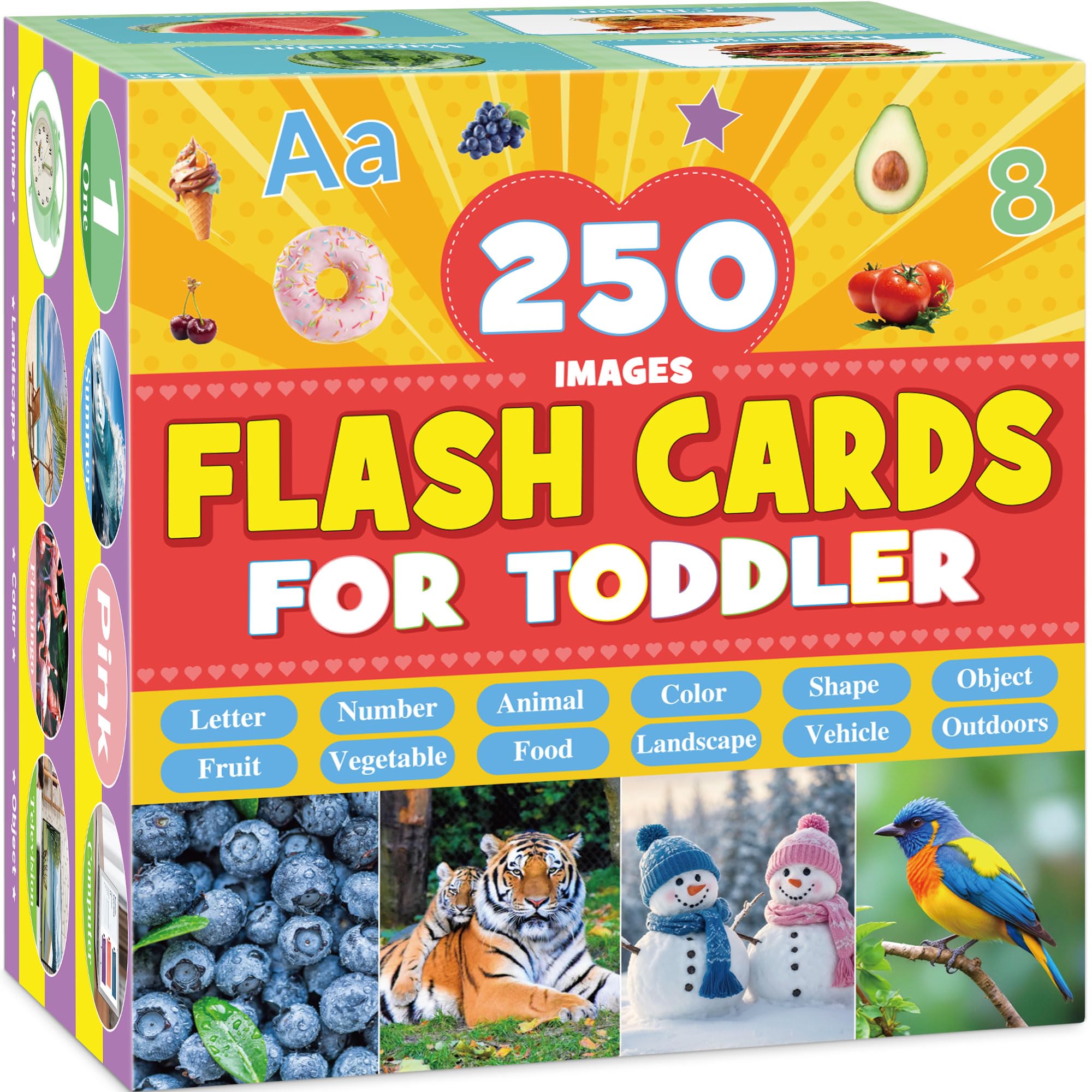 250 First Words Flashcards Images, Thick Flash Cards for Toddlers Age 1 2 3, 125 Double Sided Learning Cards Baby Flash Cards Letters Numbers Colors Shapes Animals Landscapes Fruits Vegetables Foods